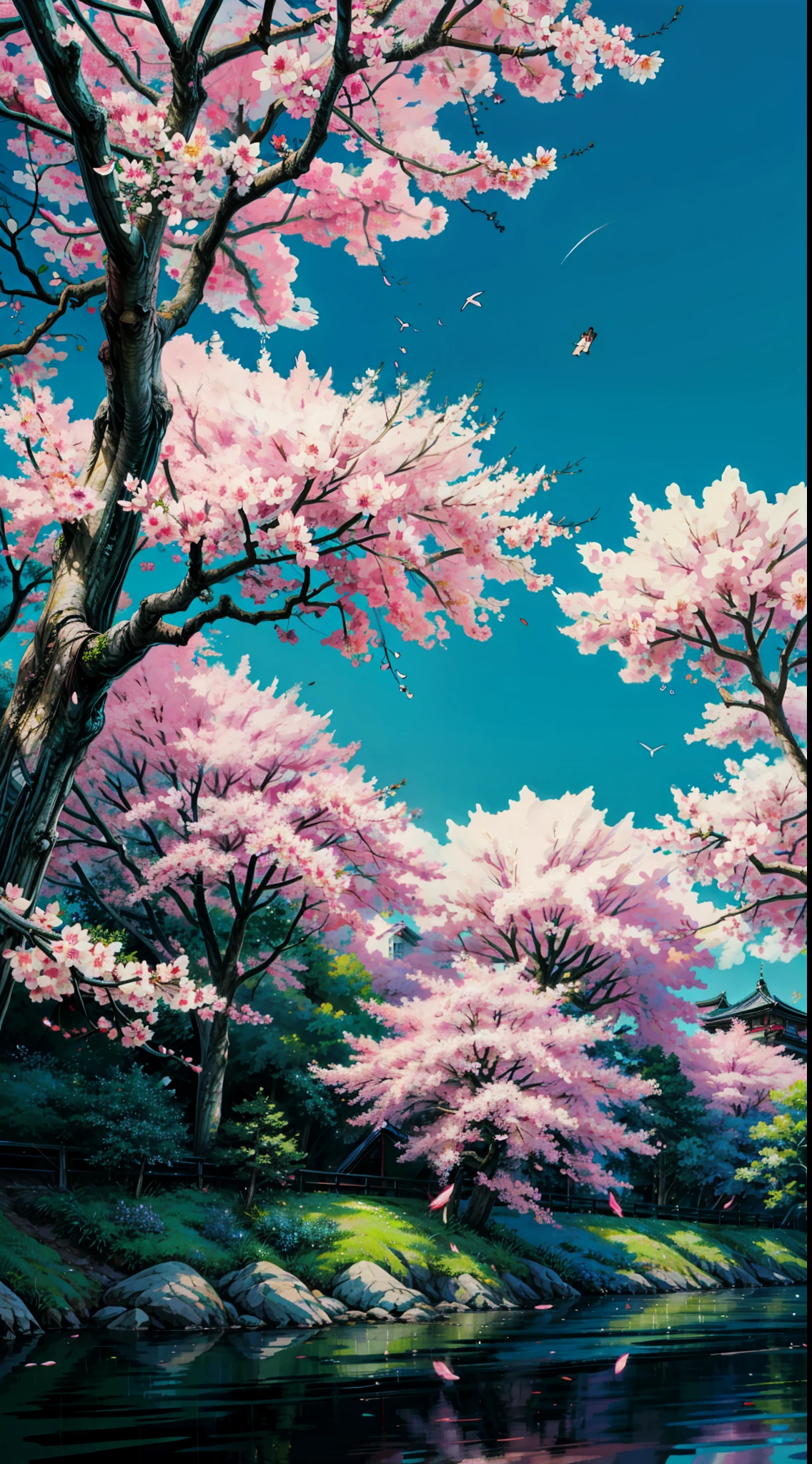 Painting of a tree with pink flowers in front of a building, sakura blooming on background, cherry blossom falling, sakura season, sakura tree in background, spring season city, japan at night, tokyo background, ( colorful ), by Sōami, by Torii Kiyomitsu, by Torii Kiyomoto, in tokyo at night, by Ike no Taiga, 4k hd,, beautiful art uhd 4 k, a beautiful artwork illustration, beautiful digital painting, highly detailed digital painting, beautiful digital artwork, detailed painting 4 k, very detailed digital painting, rich picturesque colors, gorgeous digital painting
