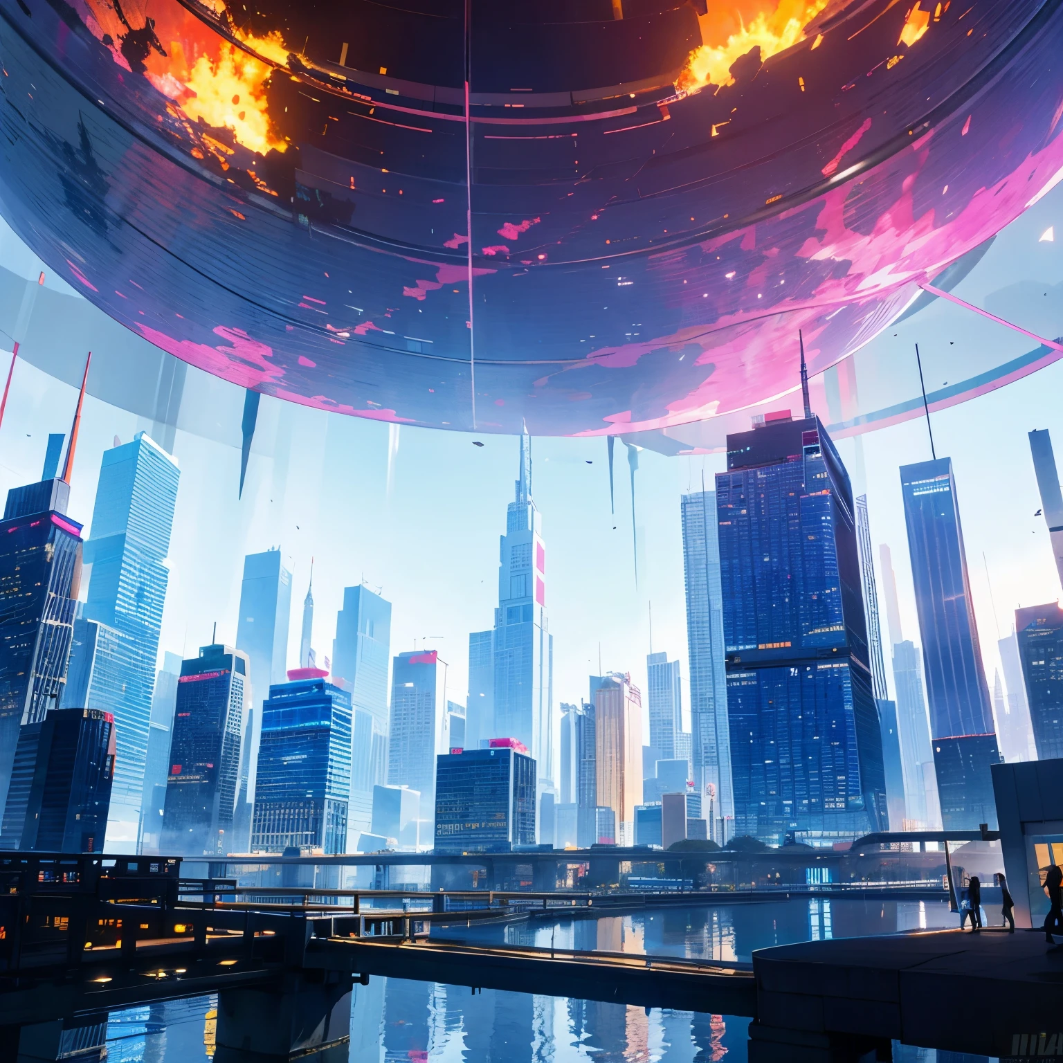 Ciudad de Cristal: Capture a futuristic city where buildings are made entirely of iridescent glass, reflecting sunlight in an explosion of colors in all directions.
