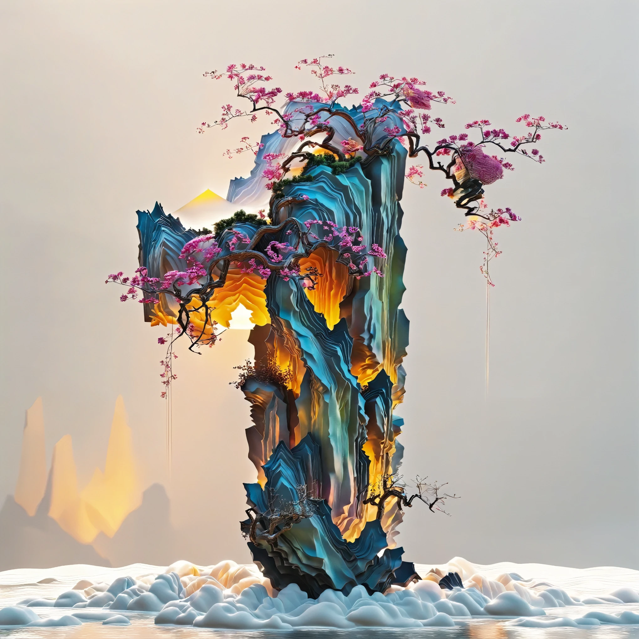 (White background), (Digital art,ink:1.2), (Oriental elements, Chinese color, Advanced color matching), (3D sculpture,Render by Octane,Volumetric light,natural soft light), (Super exquisite:1.2, Loss of focus:1.2, Very colorful, movie lighting, chiaroscuro,Ray tracing), Mountain, river, tree, flower