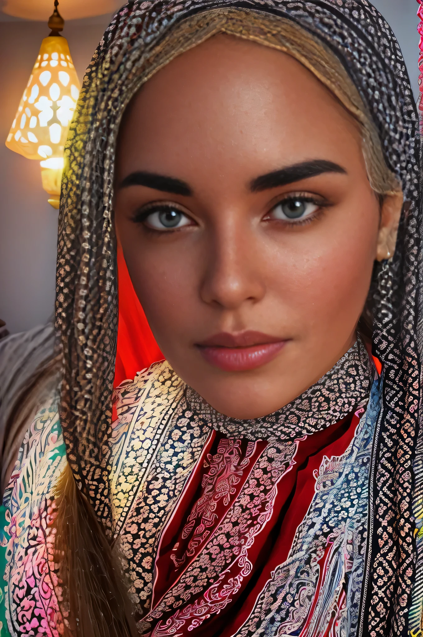 photo of alluring beautiful woman, curvy, sparkling, bright eyes, long braids, Moroccan flag waving (masterpiece) (best quality) (detailed) (8k) (HDR) (wallpaper) (cinematic lighting) (sharp focus) (intricate)