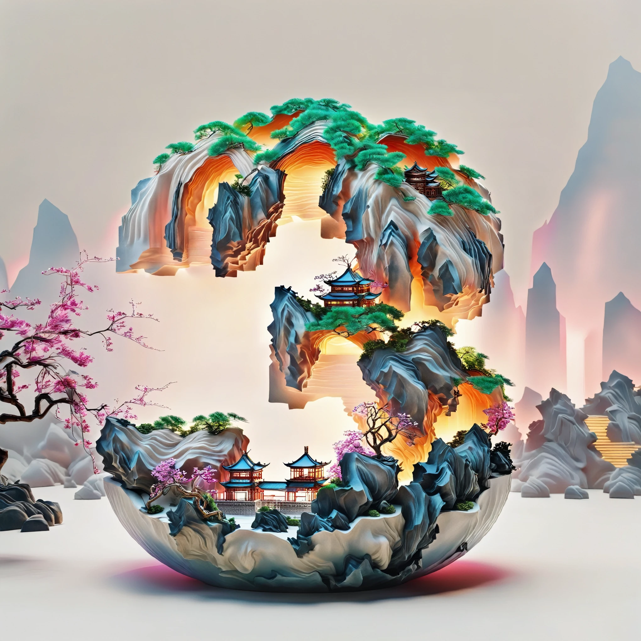 (White background), (Digital art,ink:1.2)， (Oriental elements, Chinese color, Advanced color matching),  (3D sculpture，Render by Octane，Volumetric light，natural soft light), (Super exquisite:1.2, Loss of focus:1.2, Very colorful, movie lighting, chiaroscuro,Ray tracing), Mountain, river, tree, Chinese architecture ,flower