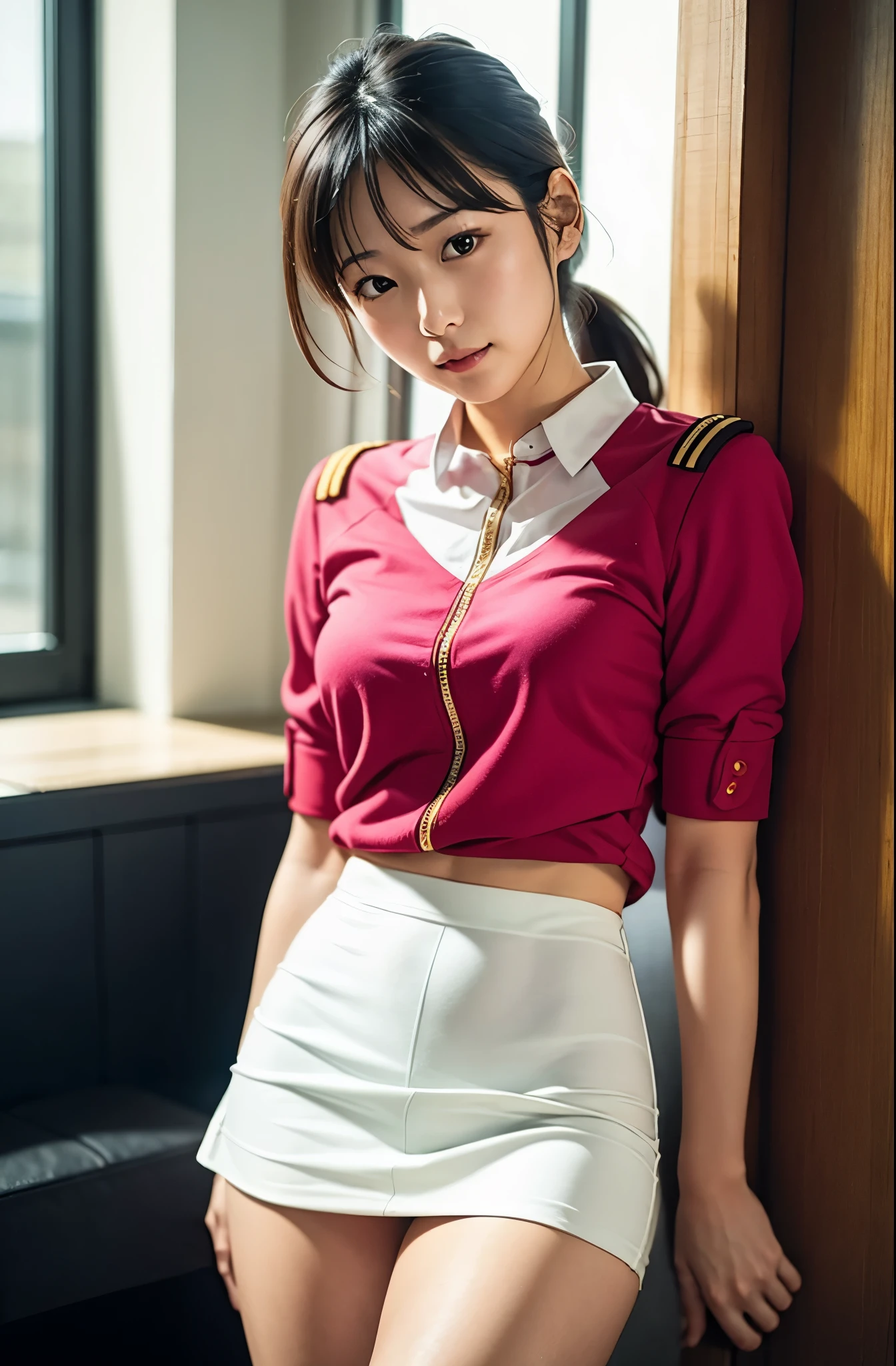 real photos、Highest imYear quality、realistic、Beautiful woman、beautiful thighs、beautiful face、real imYear、federal army uniform miniskirt、ponytail、Yuriko Yoshitaka、16Year日本人女性、Zuo々Ki Nozomi:1.4、pretty girl、white pantiesが見える、1６Year、（white panties:1.3）、super mini skirt、beautiful thighs、white panties、赤いミニスカートがめくれてwhite pantiesが見えてる