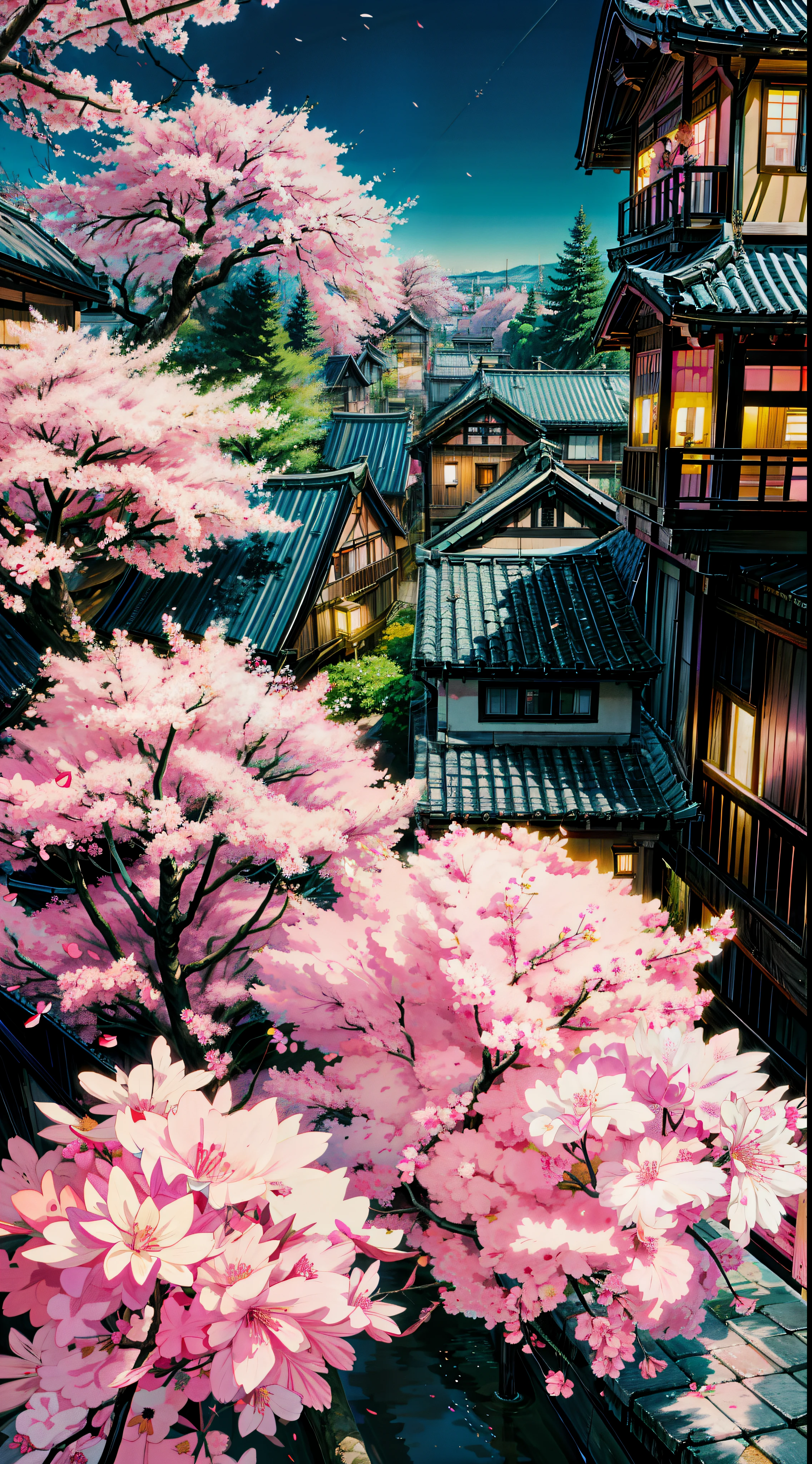 Painting of a tree with pink flowers in front of a building, sakura blooming on background, cherry blossom falling, sakura season, sakura tree in background, spring season city, japan at night, tokyo background, ( colorful ), by Sōami, by Torii Kiyomitsu, by Torii Kiyomoto, in tokyo at night, by Ike no Taiga, 4k hd,, beautiful art uhd 4 k, a beautiful artwork illustration, beautiful digital painting, highly detailed digital painting, beautiful digital artwork, detailed painting 4 k, very detailed digital painting, rich picturesque colors, gorgeous digital painting