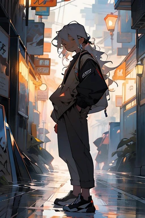 masterpiece, best quality, cute, kawaii, 1 girl,small kid,solo,silver brite hair,long hair,golden eyes,eyes are shining,smile face,colorless,outside,standing in the middle of street,noisy town,mid night, many streetlight,wearing tight pants and shirts, skin color dark brown,skinny