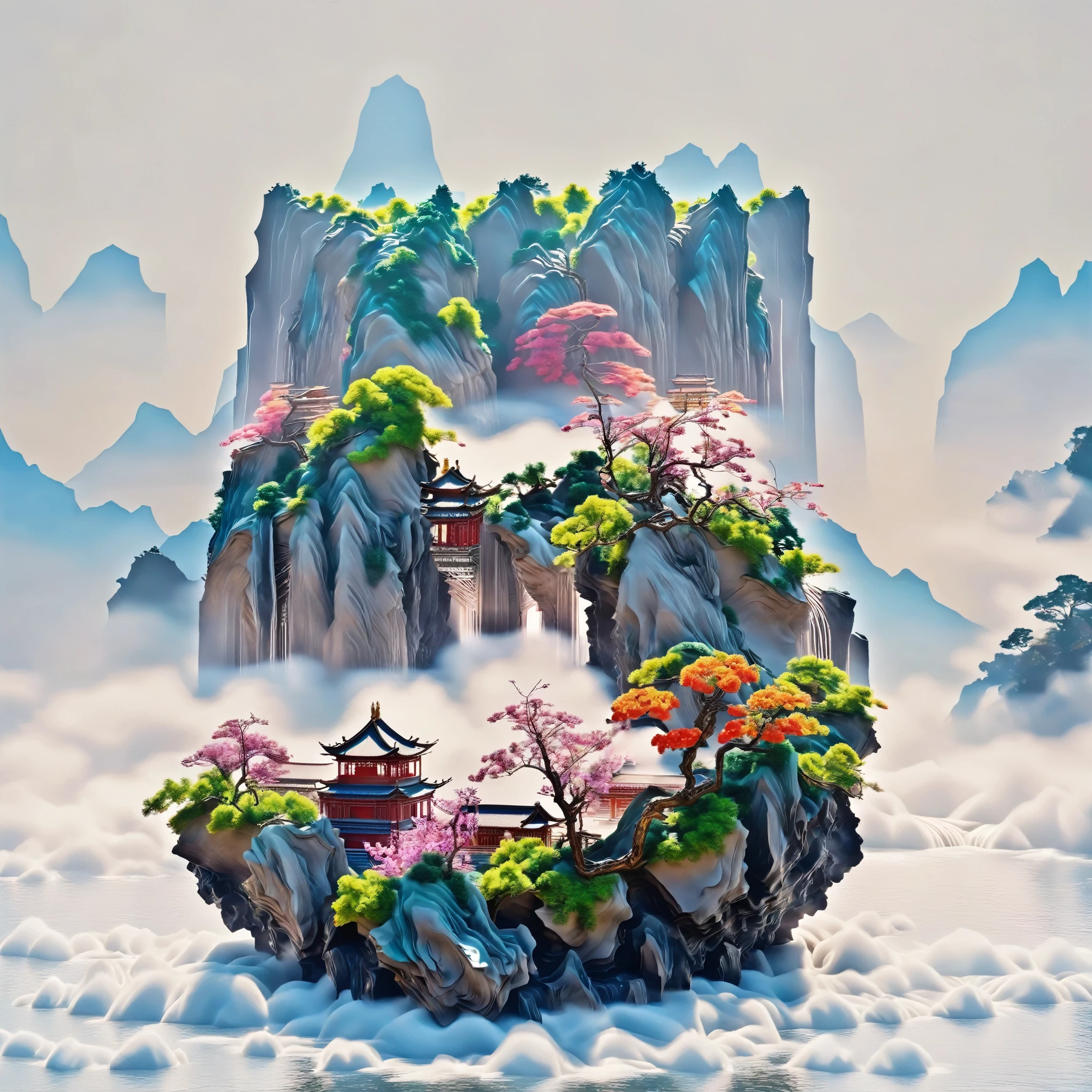 (White background), (Digital art,ink:1.2), (Oriental elements, Chinese color, Advanced color matching), (3D sculpture,Render by Octane,Volumetric light,natural soft light), (Super exquisite:1.2, Loss of focus:1.2, Very colorful, movie lighting, chiaroscuro,Ray tracing), Mountain, river, tree, Chinese architecture ,flower