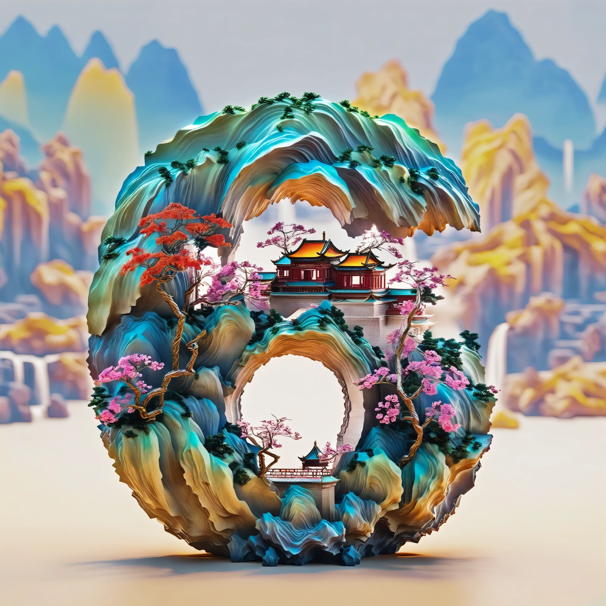 (White background), (Digital art,ink:1.2), (Oriental elements, Chinese color, Advanced color matching), (3D sculpture,Render by Octane,Volumetric light,natural soft light), (Super exquisite:1.2, Loss of focus:1.2, Very colorful, movie lighting, chiaroscuro,Ray tracing), Mountain, river, tree, Chinese architecture ,flower