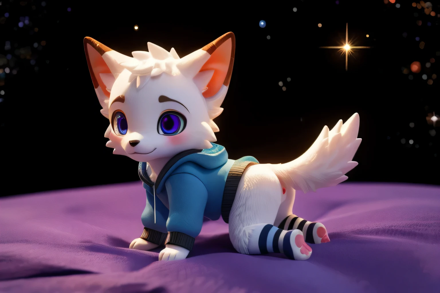 (((wilderness))), ((charming小蓝狐, miss, young)) have different colored eyes， chibi， charming，Shy, blush, logo design， The car has， movie lighting effects， ((3D vector art))， Cute and quirky， fantasy art， Bokeh， Hand Painted， number， soft light， Isometric风格， 4K resolution， photorealistic rendering， High level of detail cleaning， vector image， A lifelike masterpiece， Professional photography， simple space background， Flat white background， Isometric，Vibrant vector, , hoodie, bottomless pit, Fine hairs, Anisotropic fur gloss, ((subsurface scattering)), on the bed, ((The body is very wide)), ((animal genitals)), [[vein]], (on all fours), ((Show rear)), [anus],((Show rear)),[vaginal],big tail, ((Striped knee-length socks))