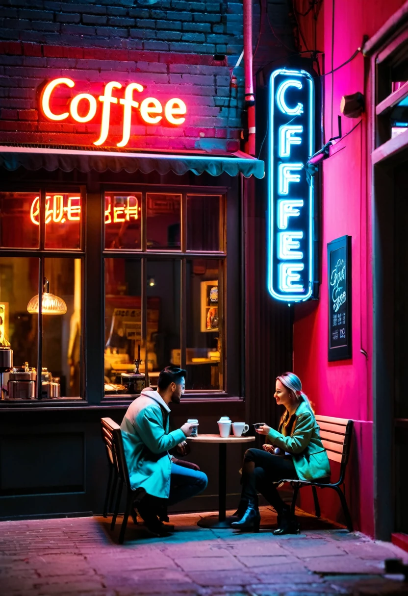 A couple person chit chat under cofee shop neon sign. Scene in empty alley on downtown