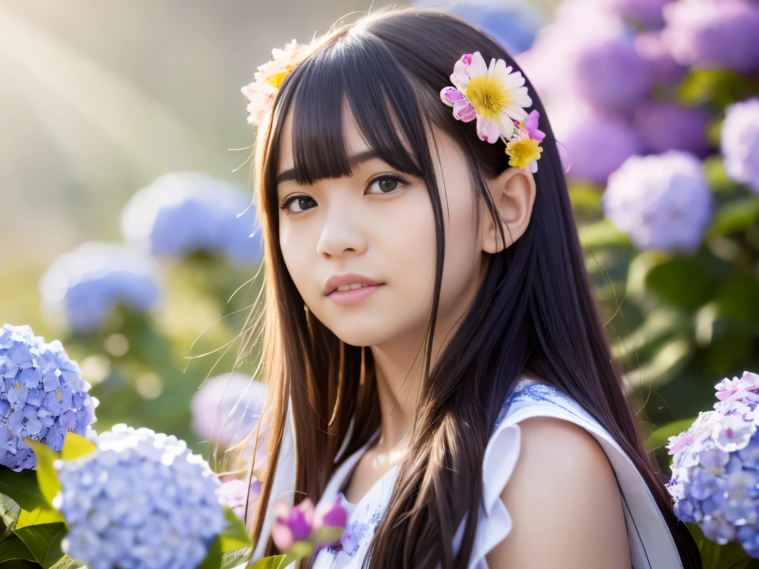 20-year-old, rays of light at dusk, hydrangea front Bokeh, Bokeh, photorealistic, dark background, smile, (one girl), (sunset: 1.3), (8K, RAW photo, highest quality, masterpiece: 1.2), (realistic, photorealism: 1.37), highest quality, ultra high resolution, (focal plane: 1.8), ( portrait: 1.7), (intense:1.1), (detailed:1.1), (highest quality), (analog:1.2), (high sharp), Canon EOS R Photos, (summer dress:1.4), (Standing in a flower garden:1.3), (vivid and colorful:1.3)
