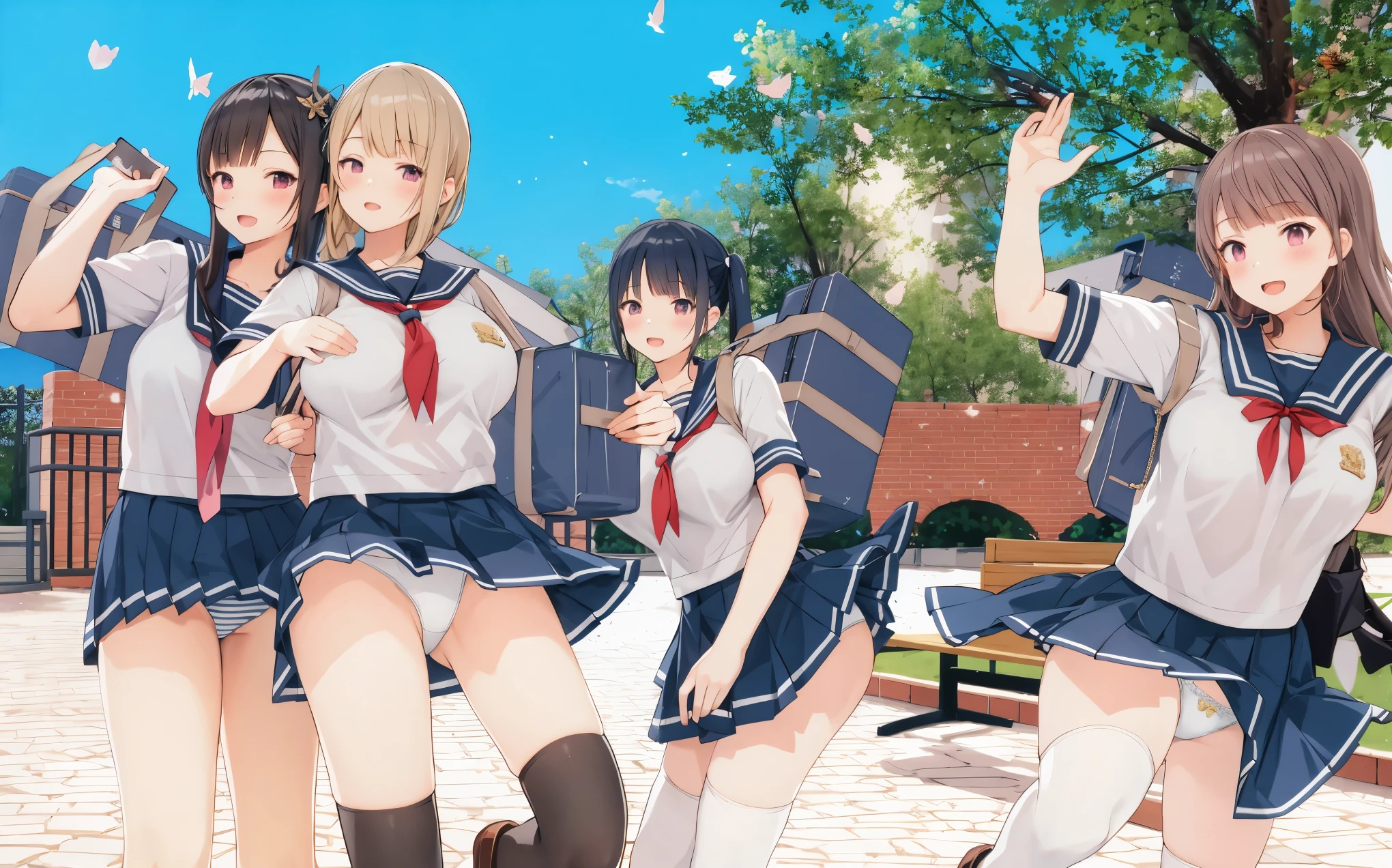 ecchi anime style, ecchi style, azur lane style, visual novel key visual, anime girls in underwear posing for a picture with a pink background, three girls in school uniforms standing in a library, ecchi anime style, hololive, ecchi, in clothes! highly detailed, visual novel cg, jk uniform, high school girls, upskirt, panty, anime maids riding early tanks