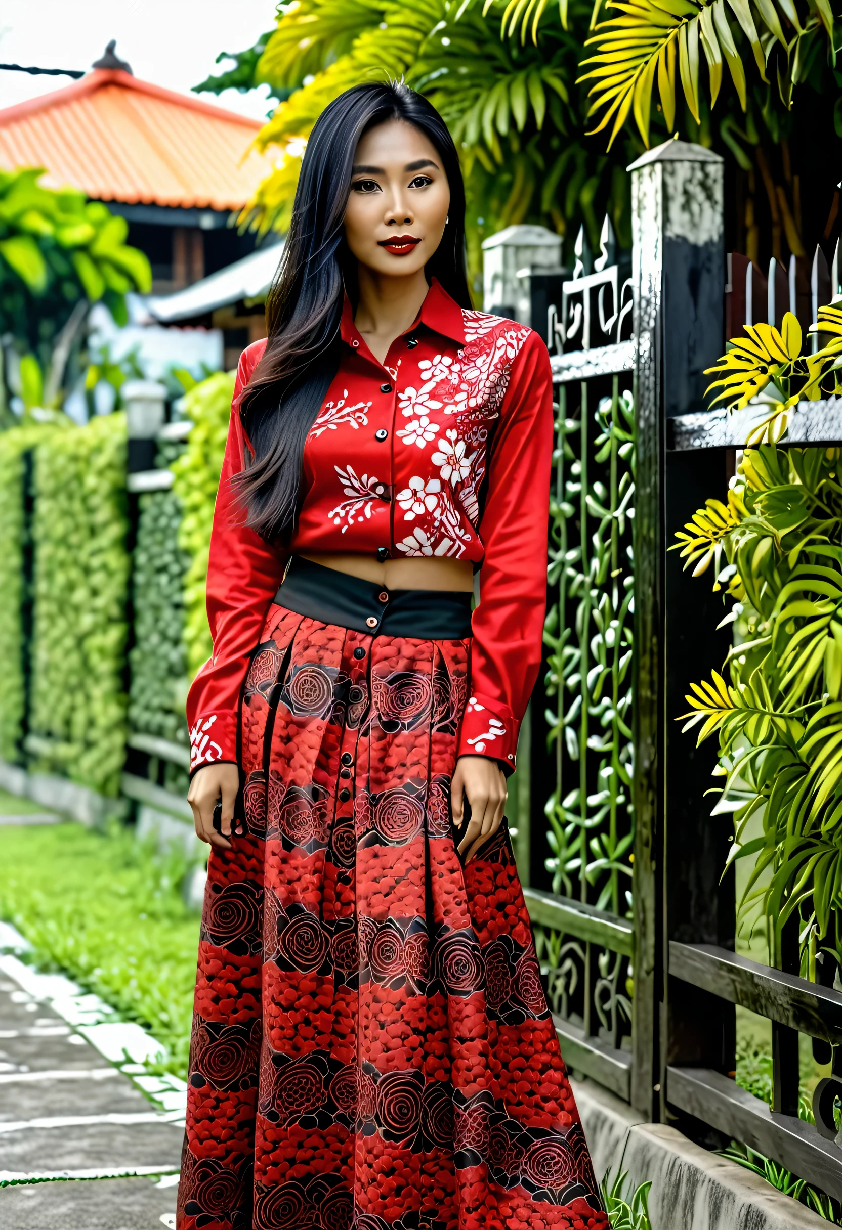 photography, masterpiece high quality, 8k, soft focus, 30 year old female asian, realistis, black long hair shagy cut , red long-sleeved button-up shirt with flower pattern batik motif indonesian, long flared skirt hanging down to the ground, standing in front of the house fence, posing beautifully