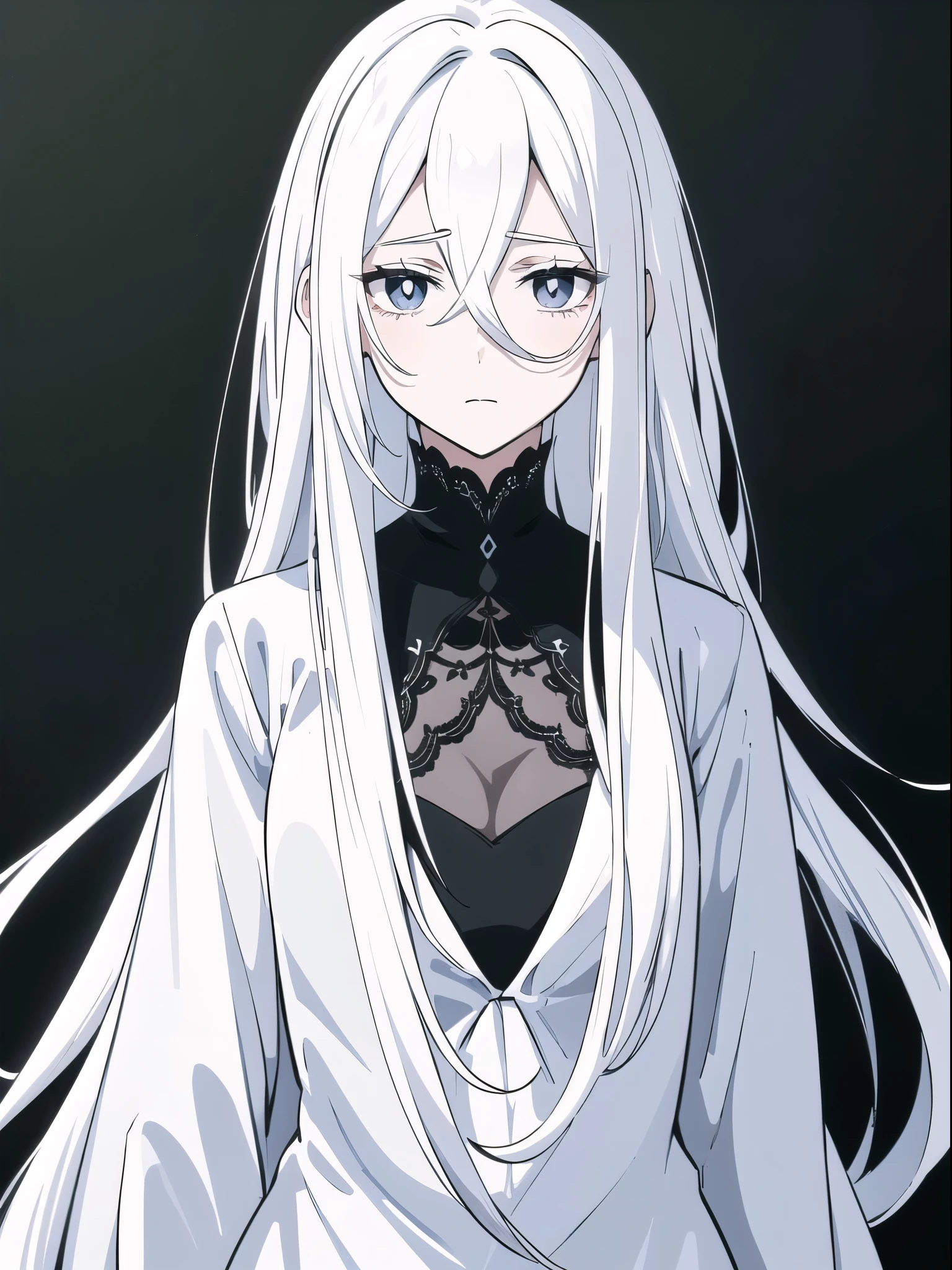 ((White hair)),((Head and Shoulders Image)),Sexy,A person,Alone,Simple style,pancake ,Simple details,Black background,Empty background,Black background wall,(20 year old woman),(Droopy hair),(White Gloves),(Evening Gown),(Lace Shirt),Lace,(confidence),(Tranquility)