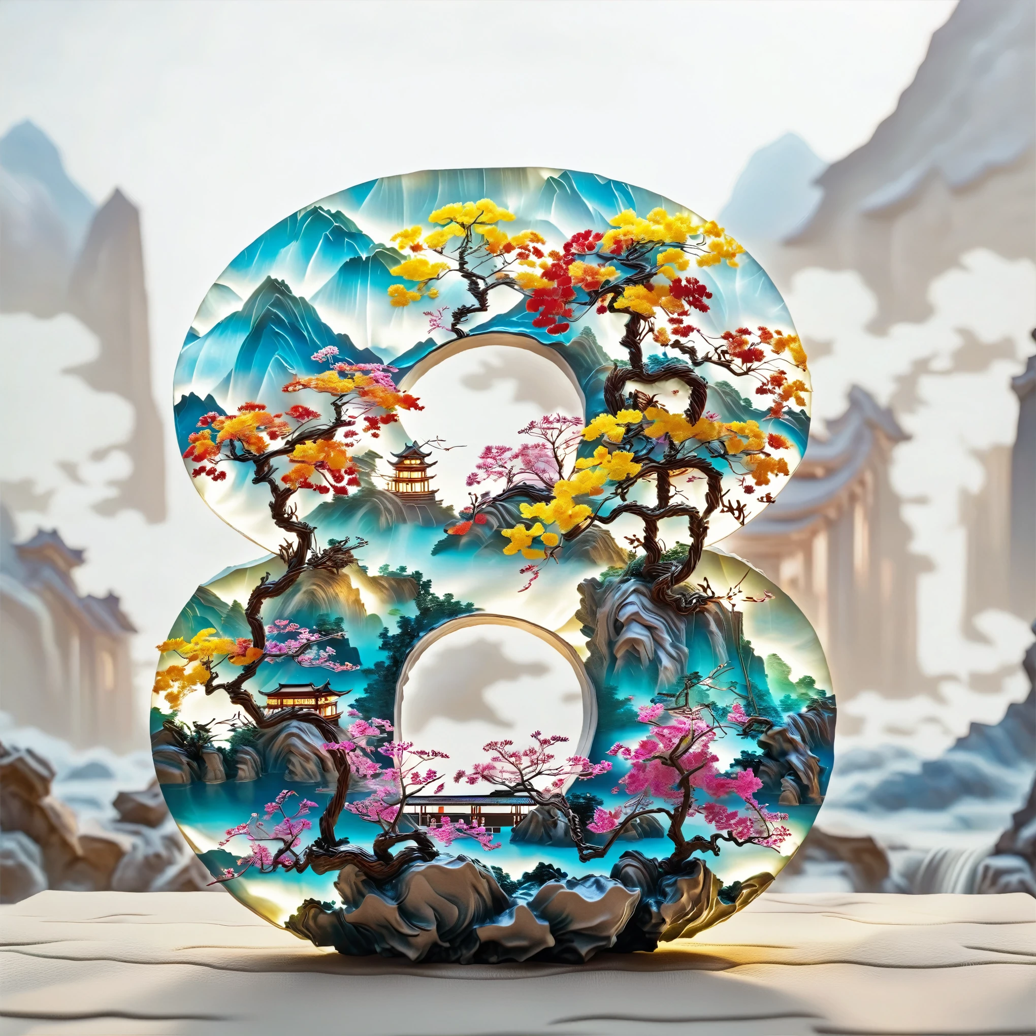 (White background), (Digital art,ink:1.2), (Oriental elements, Chinese color, Advanced color matching), (3D sculpture,Render by Octane,Volumetric light,natural soft light), (Super exquisite:1.2, Loss of focus:1.2, Very colorful, movie lighting, chiaroscuro,Ray tracing), Mountain, river, tree, Chinese architecture ,flower