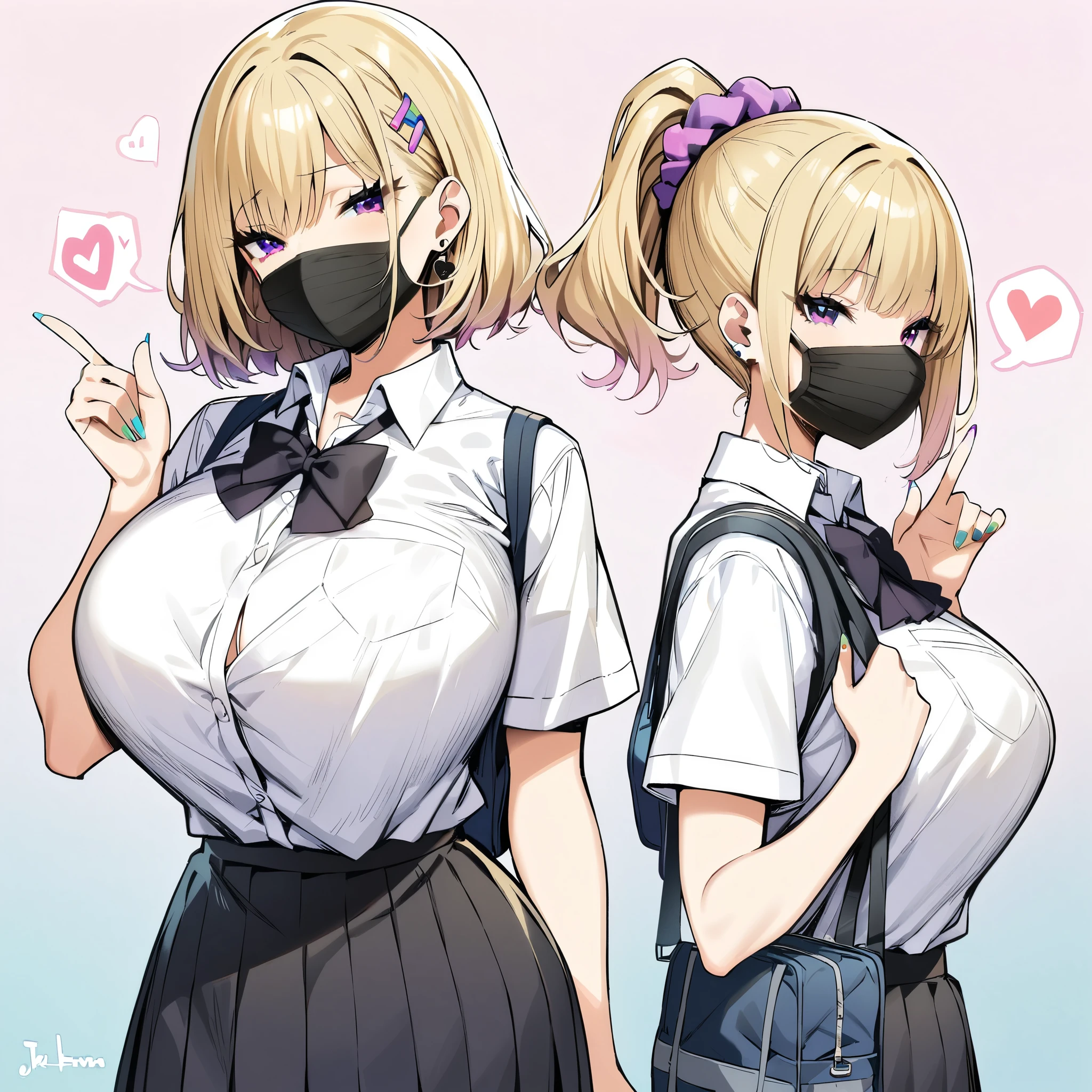 (masterpiece, best quality:1.2), JK,huge tit,1girl,aqua nails,bag,black bowtie,black nails,blonde hair,blue nails,breasts,gradient,gradient background,green nails,hair scrunchie,heart,mask,mouth mask,multicolored nails,nail polish,pink nails,purple nails,school bag,school uniform,scrunchie,skirt,solo,spoken heart,surgical mask