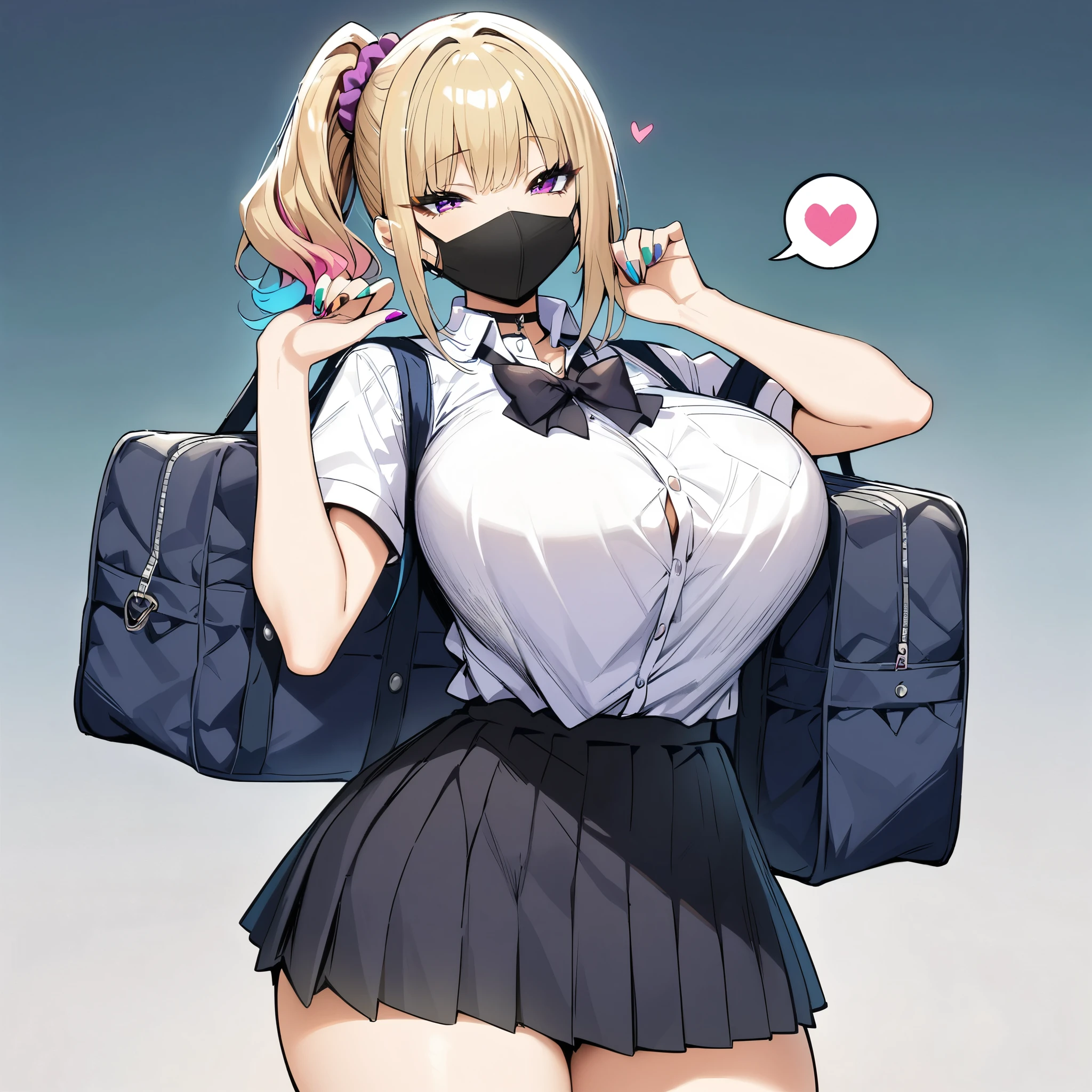 (masterpiece, best quality:1.2), JK,huge tit,1girl,aqua nails,bag,black bowtie,black nails,blonde hair,blue nails,breasts,gradient,gradient background,green nails,hair scrunchie,heart,mask,mouth mask,multicolored nails,nail polish,pink nails,purple nails,school bag,school uniform,scrunchie,skirt,solo,spoken heart,surgical mask