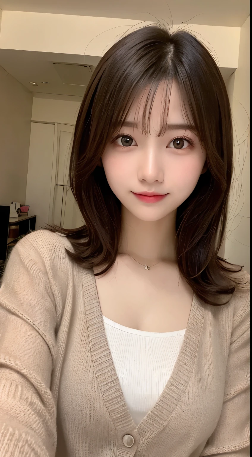 table top, highest quality, shape, Super detailed, finely, High resolution, 8k wallpaper, 完璧なダイナミックな構shape, beautiful and detailed eyes, straight hair, small breasts, natural color lip, random sexy pose,smile,20 year old girl、midnight、Beautiful and dense face、perfect and beautiful face,Big eyes、Raw photo、Expressing feminine poses with your whole body、beautiful and detailed eyes、small face、beautiful duplex、slim face and style,beautiful golden ratio face、cardigan、blouse、flare skirt