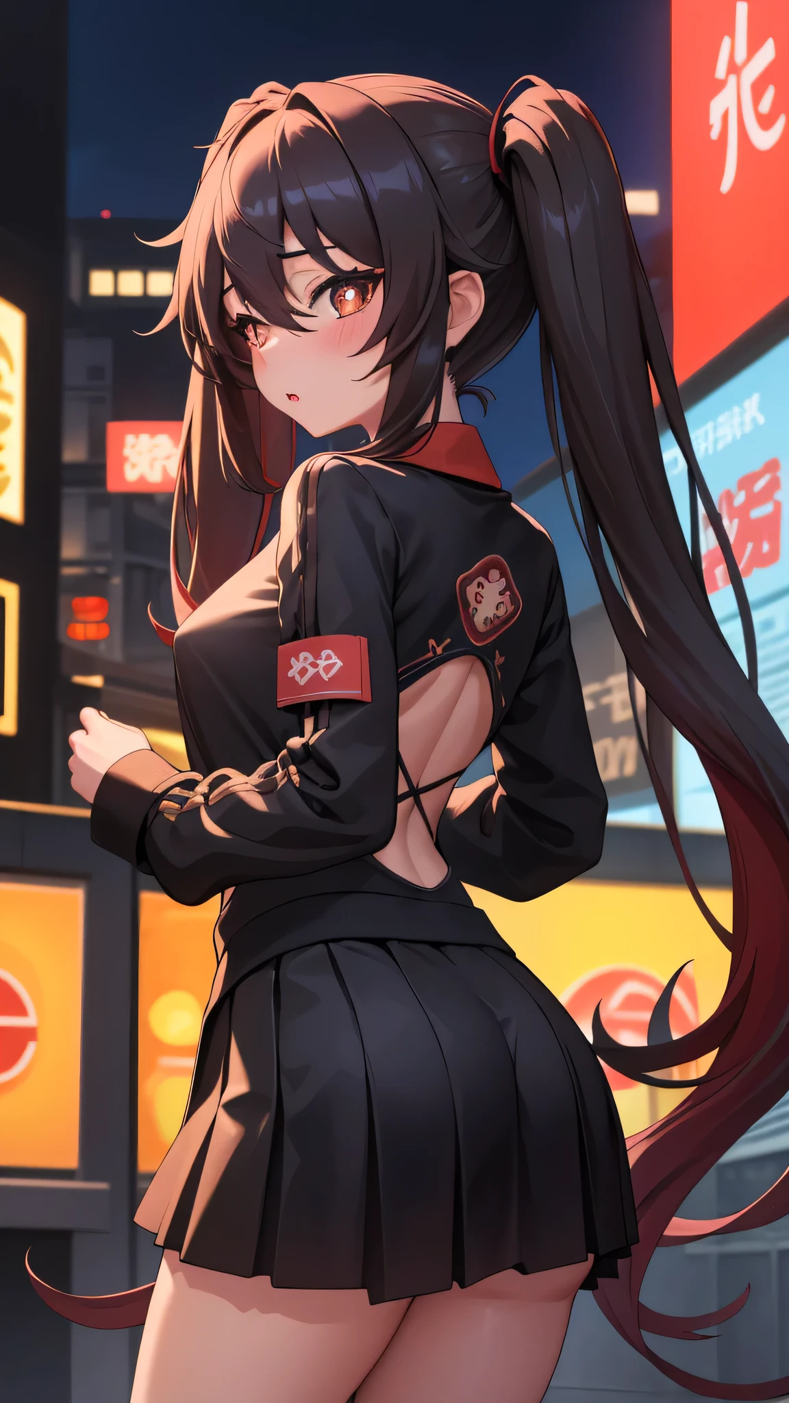 masterpiece, best quality, HuTaoV4, 1girl, solo, blush, twintails, long hair, hair between eyes, ((streetwear clothes)), city, outdoors, night, movie poster, extremely detailed 8K, smooth, high resolution, ultra quality, cinematic lighting, ambient occlusion, hd, 2k, 4k, 8k, 16k, extremely detailed anime, detailed faces, perfect composition, wide shot, atmospheric lighting, very sexy, lift skirt, random low back angle, uncensored, nsfw, sin censura, bottomless,pussy