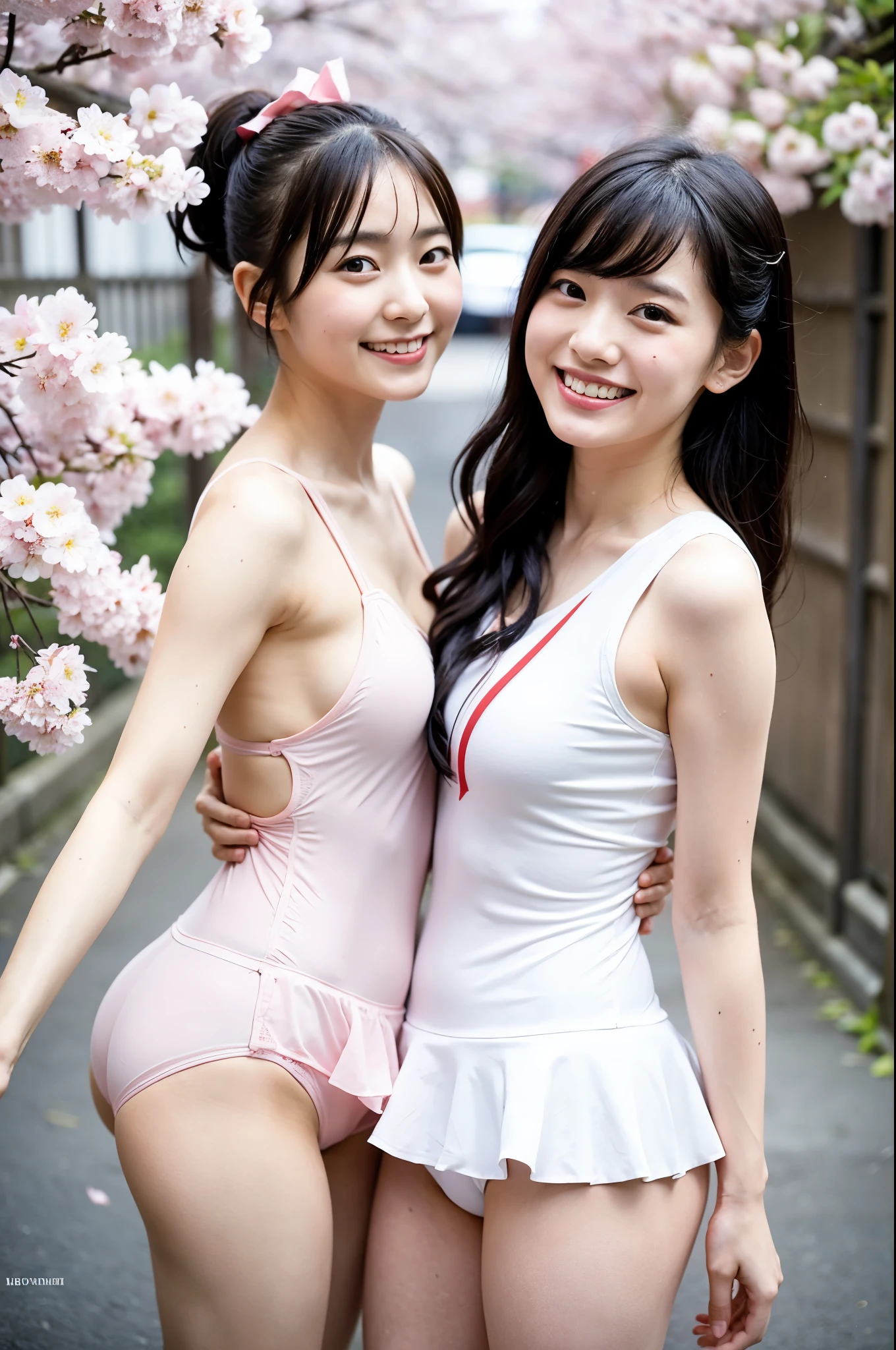 2 girls under cherry blossoms in old-Japanese street,wet white swimsuit with white trim,18-year-old,bangs,a little smile,thighs,knees,low ponytail with barrette,from below,front light