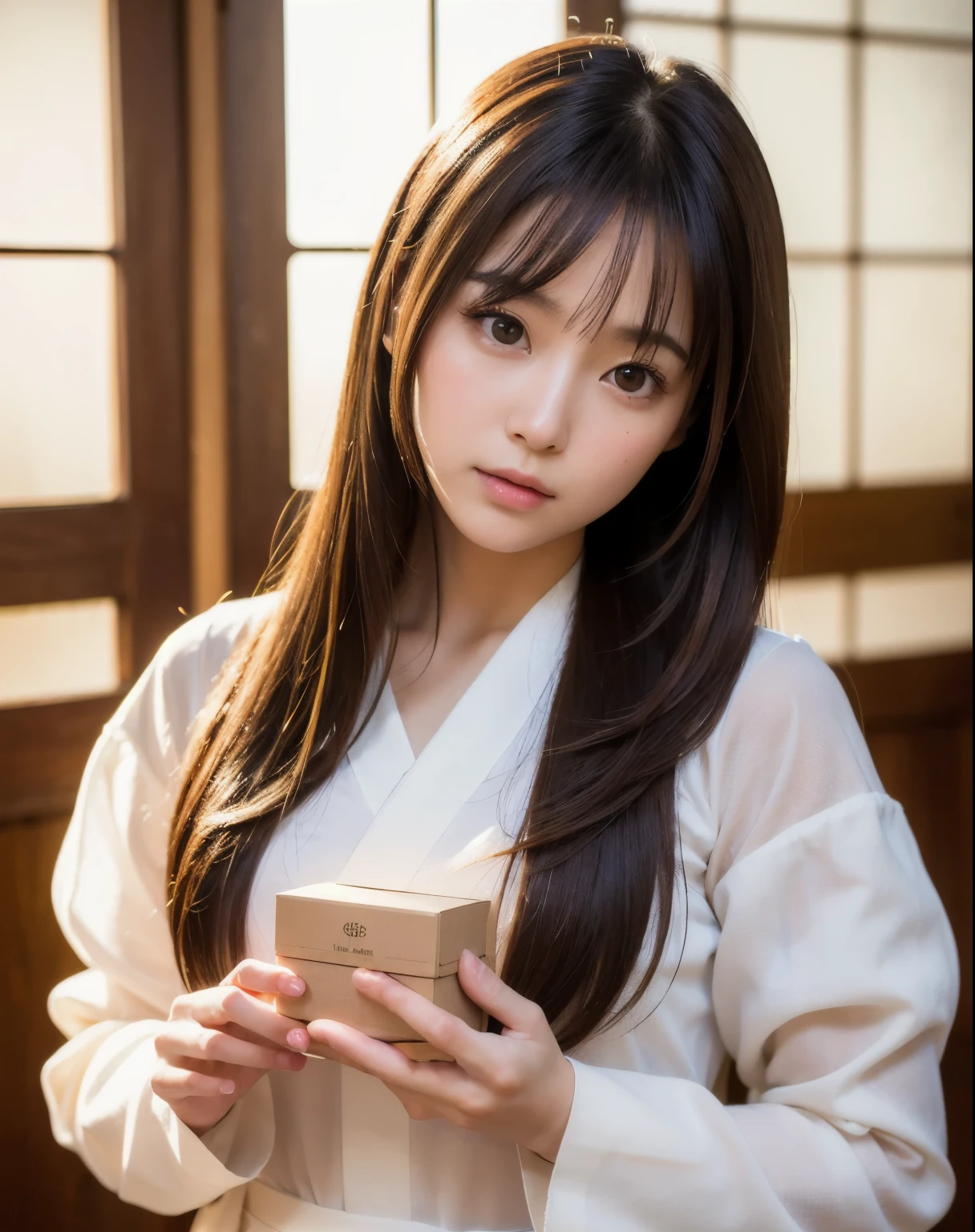 highest quality, face focus, soft light, ultra high resolution, (realistic:1.4), Raw photo,
1 japanese girl, alone, cute, (pupil, light in the eyes),  detailed beautiful face, (small box),(High resolution details of human skin texture),
(long hair),
indoor,
damask shirt dress,
(portrait)