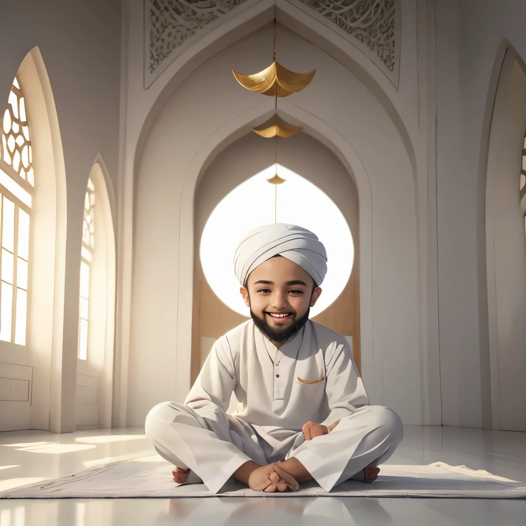 A young boy, reciting Quran, white panjabi, white pant, white cap, background masjid, light is fashing, the boy has beard, in the sky butterfly, floor is sky, a soft environment, the boy is smiling