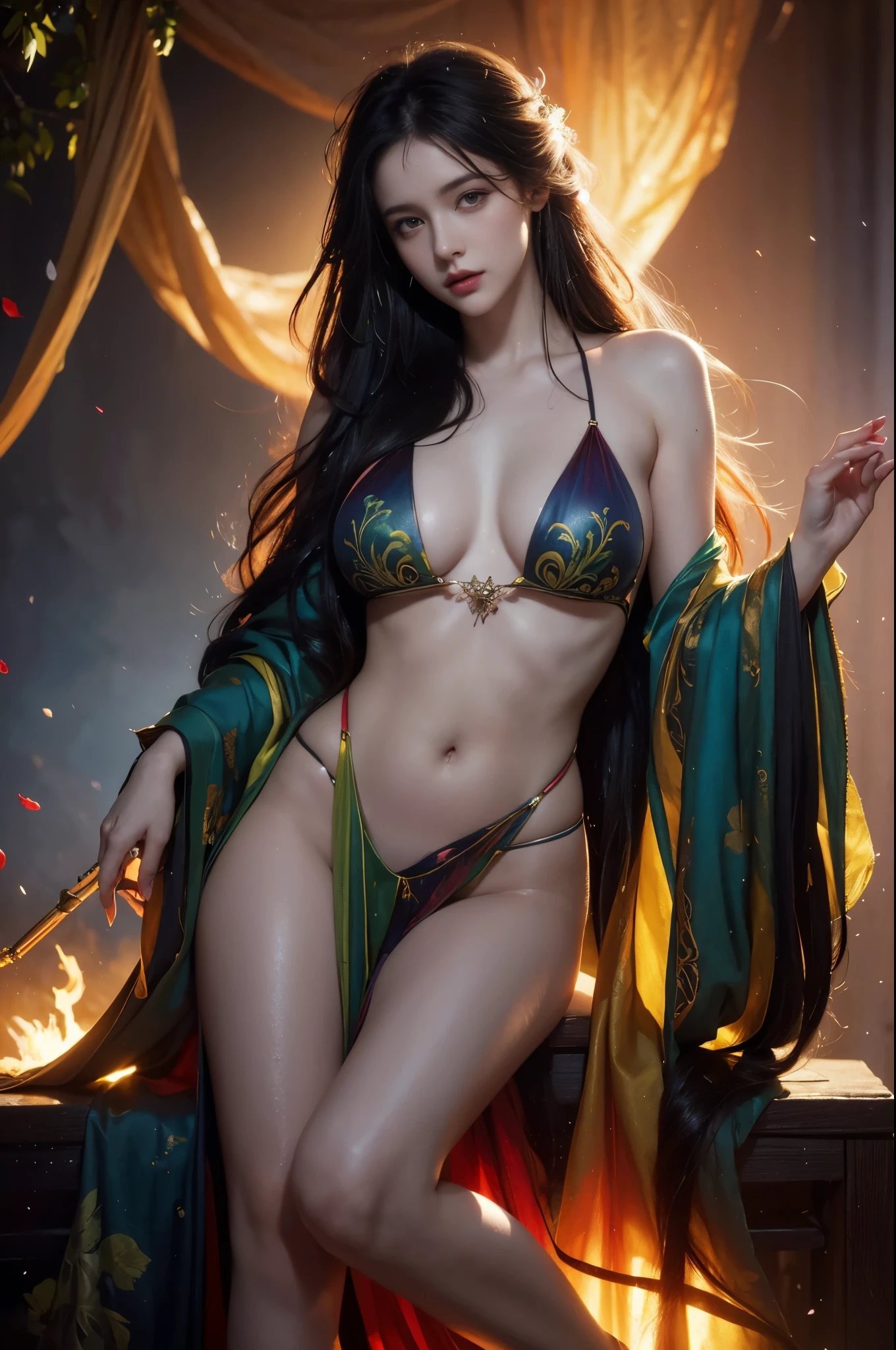 wet rainbow dreaming world, portrait a female made of petals of flower ready to enter into your soul, painting by Charlie Bowater and Michael Mignola, high contrast dynamic lighting, fantasy, eyes of flame, intricate detail, sharp focus, masterpiece, anatomical details, full body shot, full hd