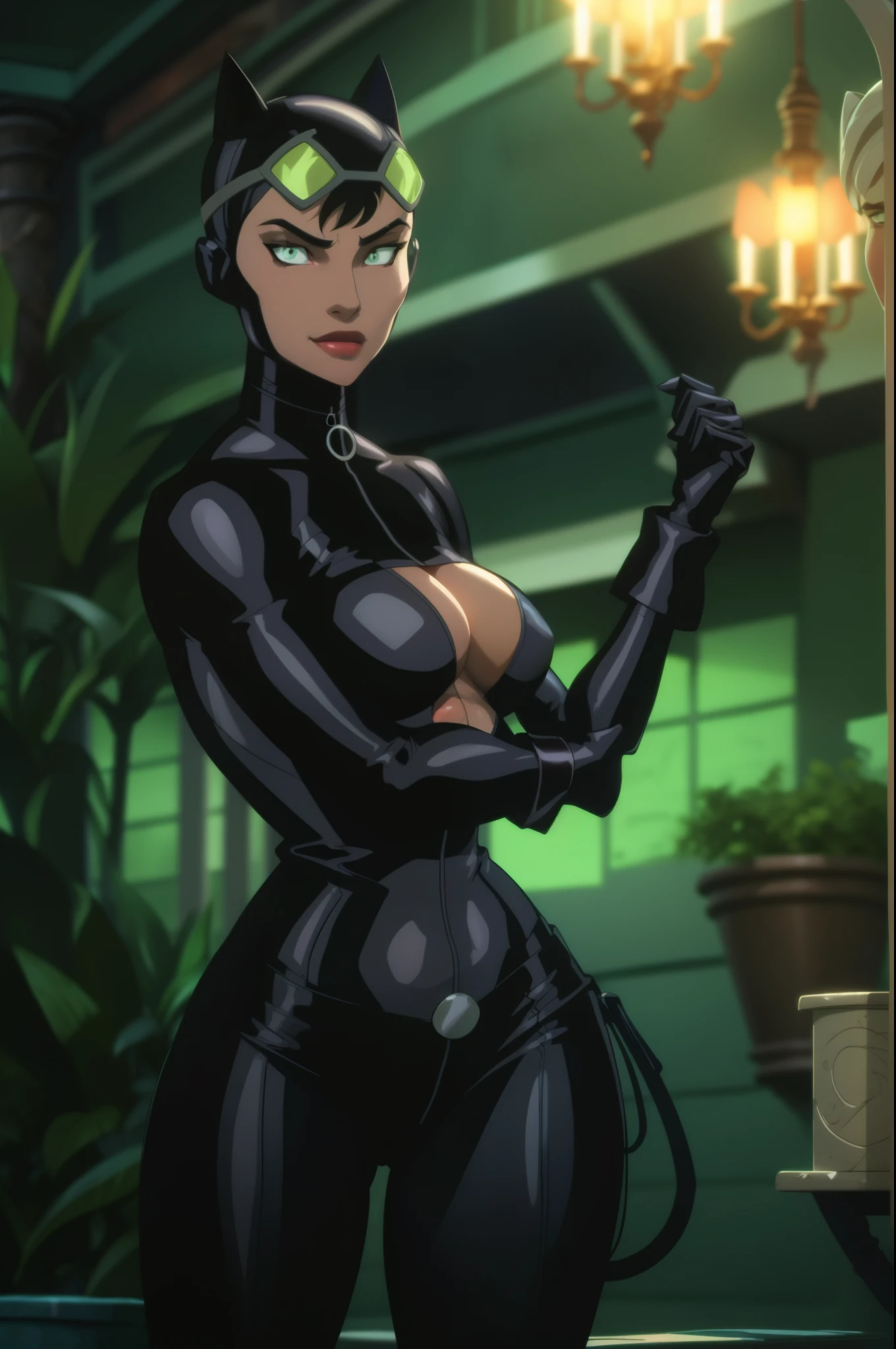 A captivating Catwoman figure, boasting generous assets, The velvety fabric of her iconic suit clings to her curvaceous figure, big breasts, cleavage. Her seductive green eyes gleam in the dimly lit street, a sly smile playing at the corner of her mouth. The intricate details of the suit's texture and the glossy finish of her feline ears add to the masterpiece of this art piece. action pose, alleyway