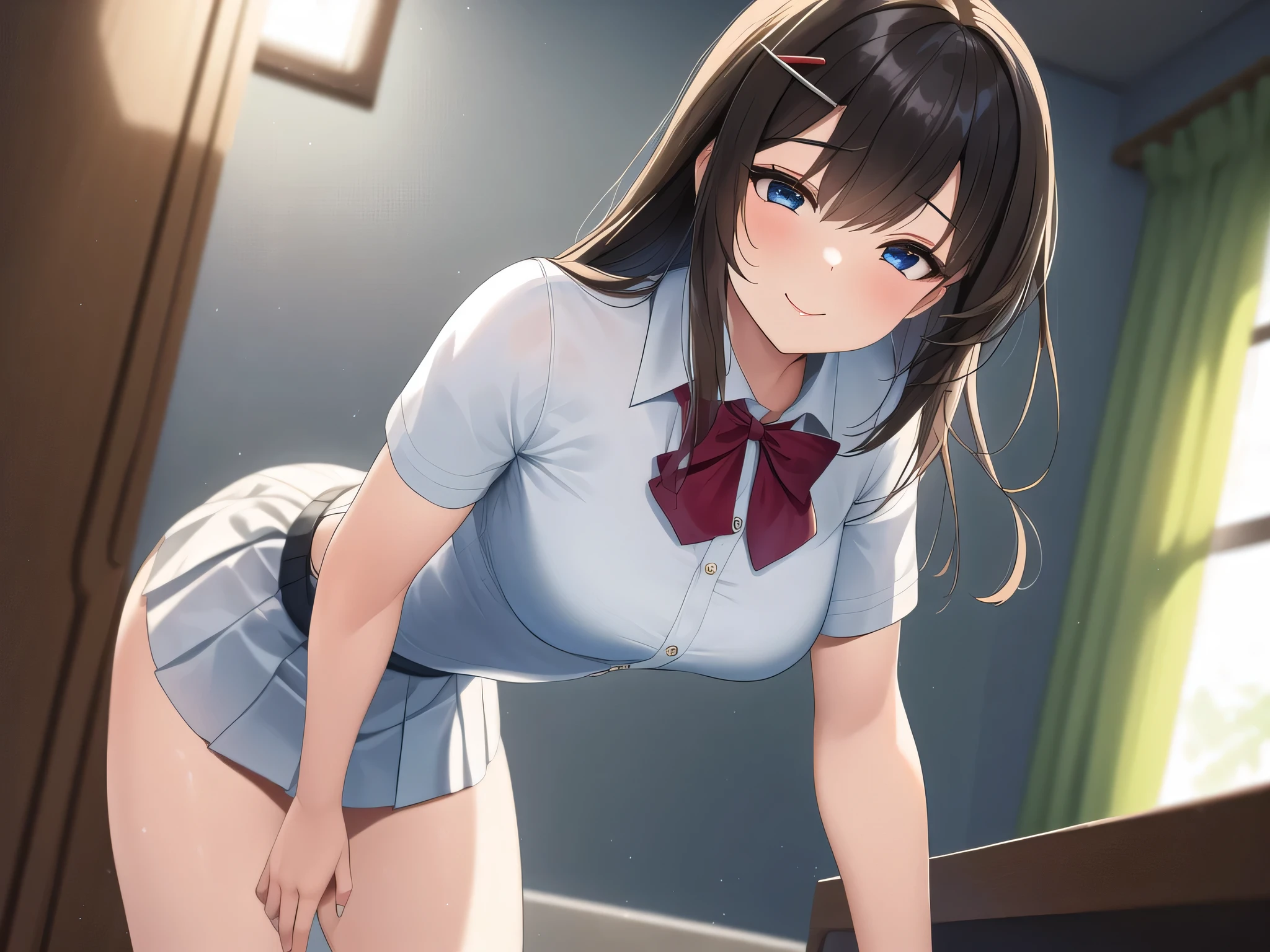 (masterpiece:1.3), (absurdres:1.3), (best quality:1.3), hand of Guido Daniele, (ultra-detailed:1.3),(best shadow:0.7), (handled hair), glowing eyes, detailed eyes, beautiful eyes, 1girl, solo,
hmreina, long hair, hair ornament, hairclip, bowtie, school uniform, shirt, white jacket, long sleeves, white skirt, pleated skirt, black thighhighs, arms_behind_back, smile, closed mouth, leaning forward, indoors, decoration, window, manos al piso, vista trasera, piernas abiertas , falda muy levantada, see calzones extremadamente delgados. random angle