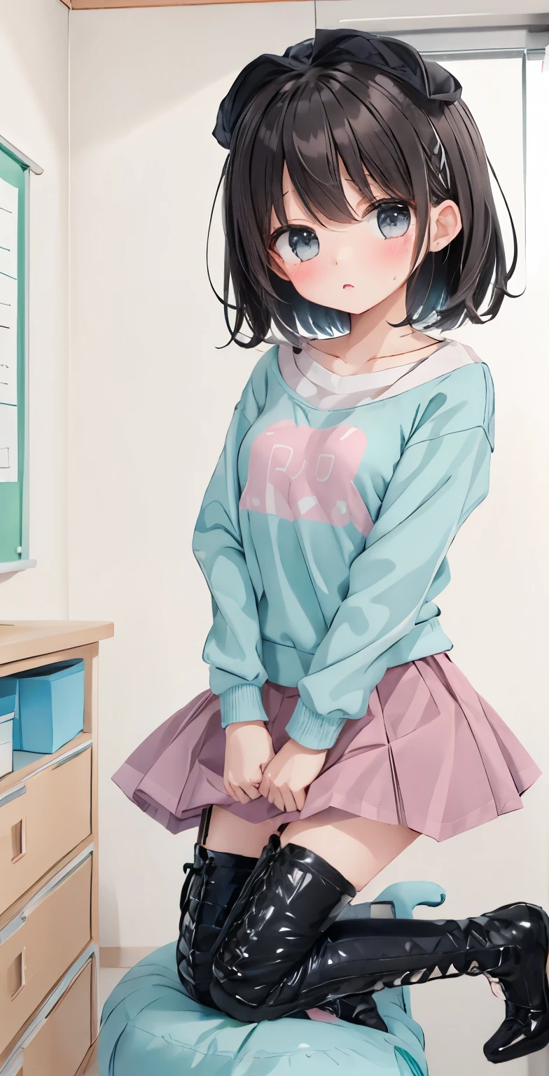 Girl with short dark hair，shy，blush，Turquoise sweatshirt，pink skirt，White knee socks，black boots，classroom scene，for the audience，stand