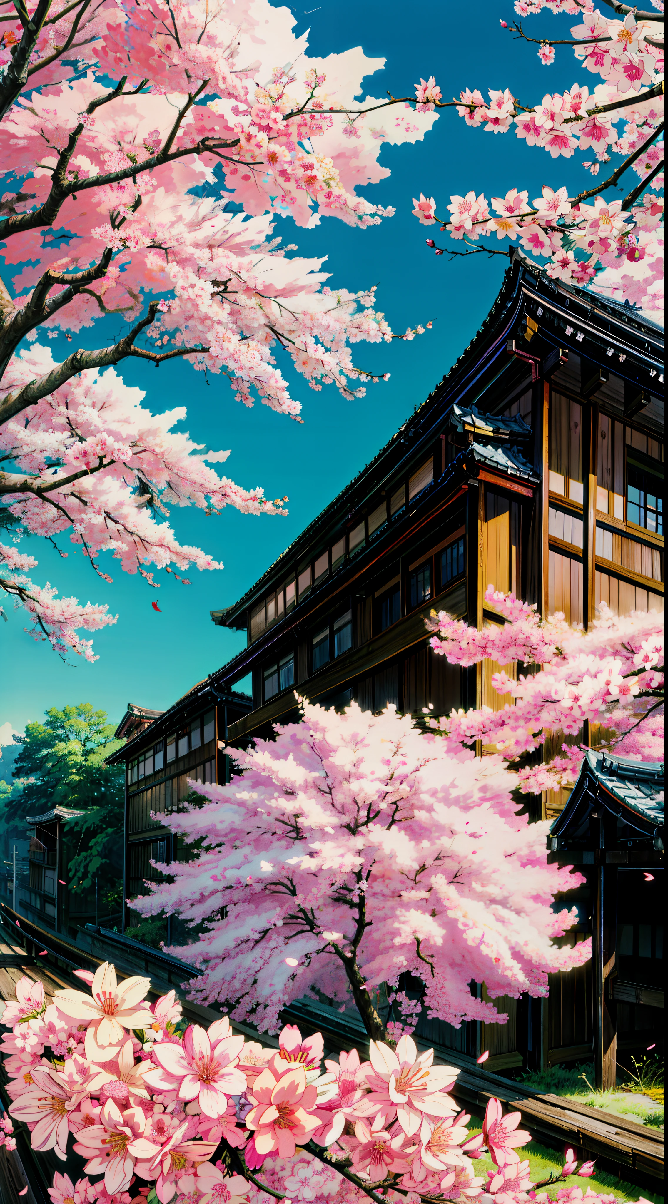 Painting of a tree with pink flowers in front of a building, sakura blooming on background, cherry blossom falling, sakura season, sakura tree in background, spring season city, japan at night, tokyo background, ( colorful ), by Sōami, by Torii Kiyomitsu, by Torii Kiyomoto, in tokyo at night, by Ike no Taiga, 4k hd,, beautiful art uhd 4 k, a beautiful artwork illustration, beautiful digital painting, highly detailed digital painting, beautiful digital artwork, detailed painting 4 k, very detailed digital painting, rich picturesque colors, gorgeous digital painting