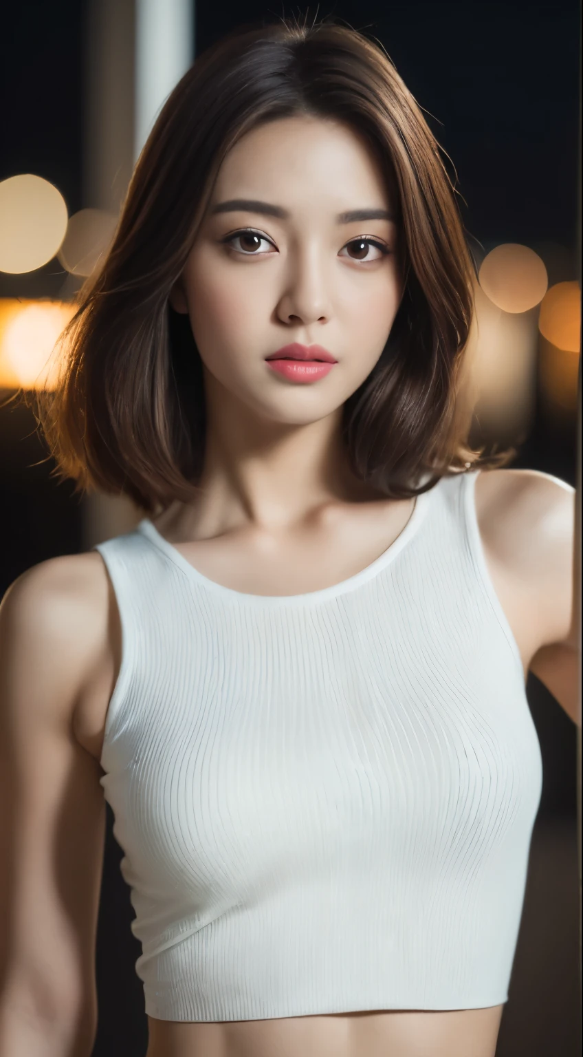 ((realistic lighting, highest quality, 8K, masterpiece: 1.3)), clear focus: 1.2, 1 girl, perfect beauty: 1.4, slim abs: 1.1, ((dark brown hair)), (white crop top: 1.4), (outdoor, night: 1.1), park view, super fine face, fine eyes, double eyelid,