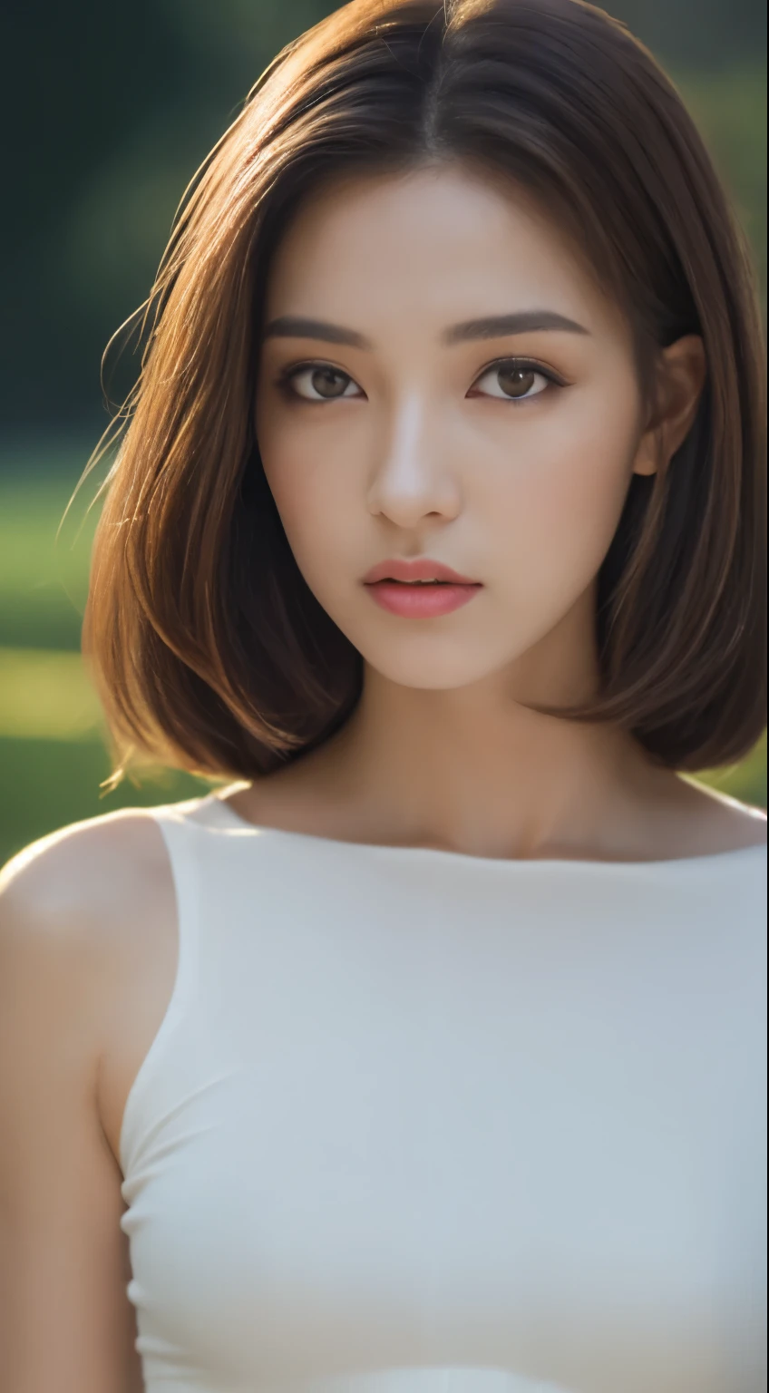 ((realistic lighting, highest quality, 8K, masterpiece: 1.3)), clear focus: 1.2, 1 girl, perfect beauty: 1.4, slim abs: 1.1, ((dark brown hair)), (white crop top: 1.4), (outdoor, night: 1.1), park view, super fine face, fine eyes, double eyelid,