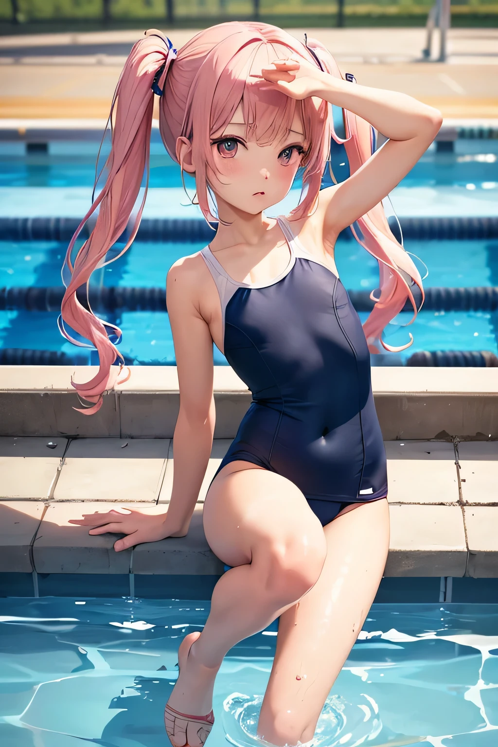 pieces fly,masterpiece,highest quality,Super detailed,High resolution,High resolution,8K portrait,unity,8k壁紙のHigh resolutionCG,unity 8k wallpaper,cute type,a bit:1.5,upon:1.5,Highly detailed CG unity 8k wallpaper,realistic,real person,cute type,a bit,portrait photography,shiny skin,High resolution,(:1.2),(1 girl),beautiful clear eyes,very detailed explanation,delicate face,nice lips,slender body,thin waist,thin legs,(school poolside:1.6),cute type,perfect face,seriously,(blush:1.3),(cute:1.5),(pink hair twintails:1.3),((flat chest:1.3)),same,(navy blue school swimsuit:1.2)、((Orgasm in the vagina:1.3)),(open your legs:1.5),(get your knees up:1.5),(grab knee:1.3)