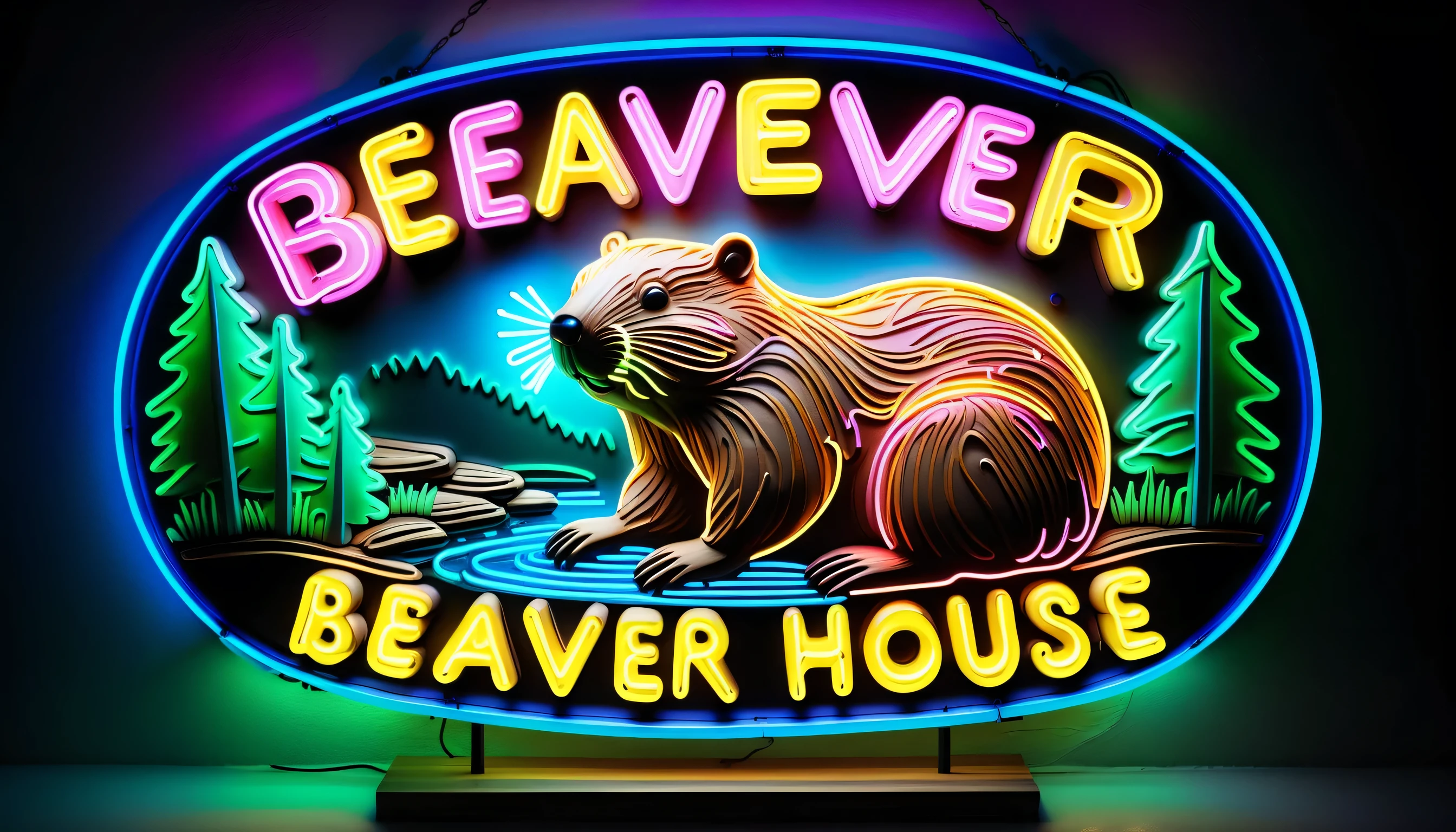 (neon sign text "beaver house" with beaver, neon rookery:1.2), river cave, Beautiful details shine, natural atmosphere of the forest, Cute fantasy atmosphere, Essence Beautiful radiance Aesthetics, Ultra realistic soft log shadow, intricate details, thin brush artwork, highly detailed brush strokes, Precise details and precise design, high contrast, tonal contrast, Stunning detailed rendering, deep and majestic contrast, highest quality, (very detailed brushwork:1.1),