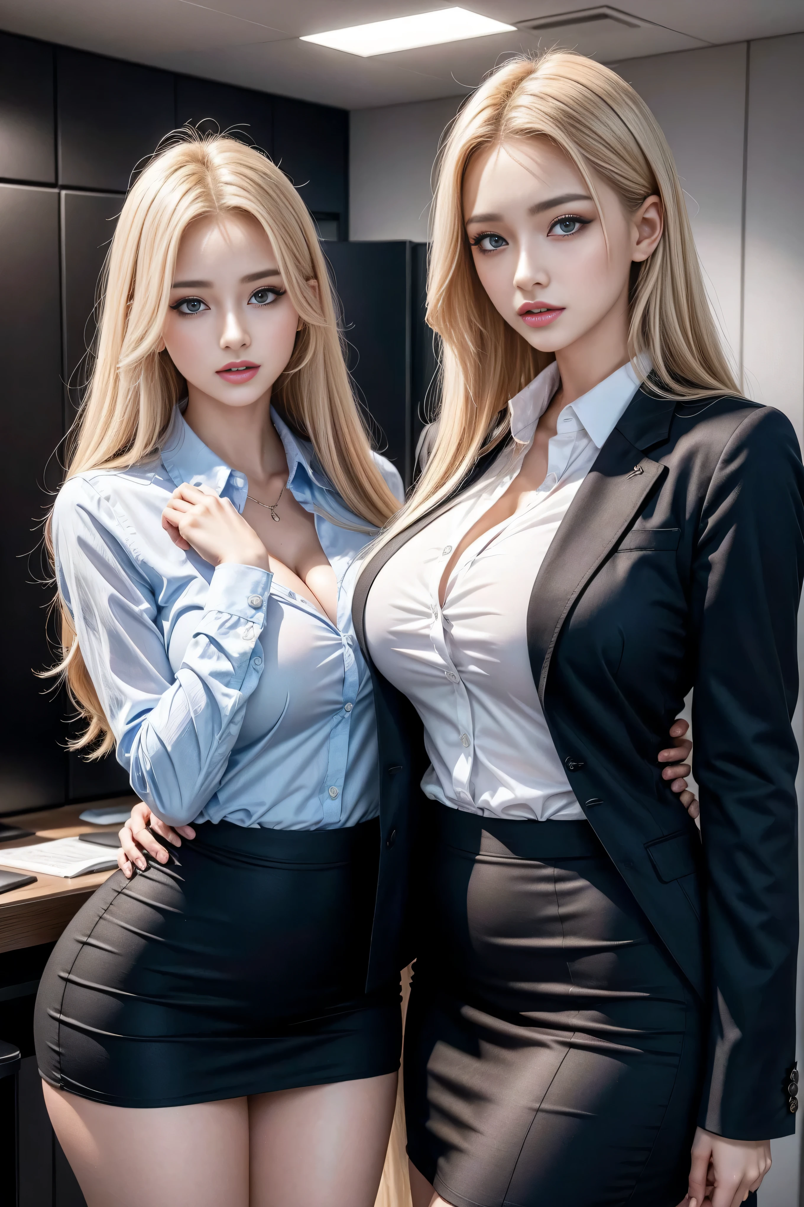 (2 girls), fair, amazing face and eyes, long blonde hair，cosmetic, (Extremely detailed fair face), (The sexiest look), (fair big breasts:1.1), (best quality:1.4), (super detailed), (Extremely detailed CG unified 8K wallpaper), Very detailed, original photo, Professional photography, ((business suit)), (tight skirt), (open collar business shirt),in office，Large depth of field、