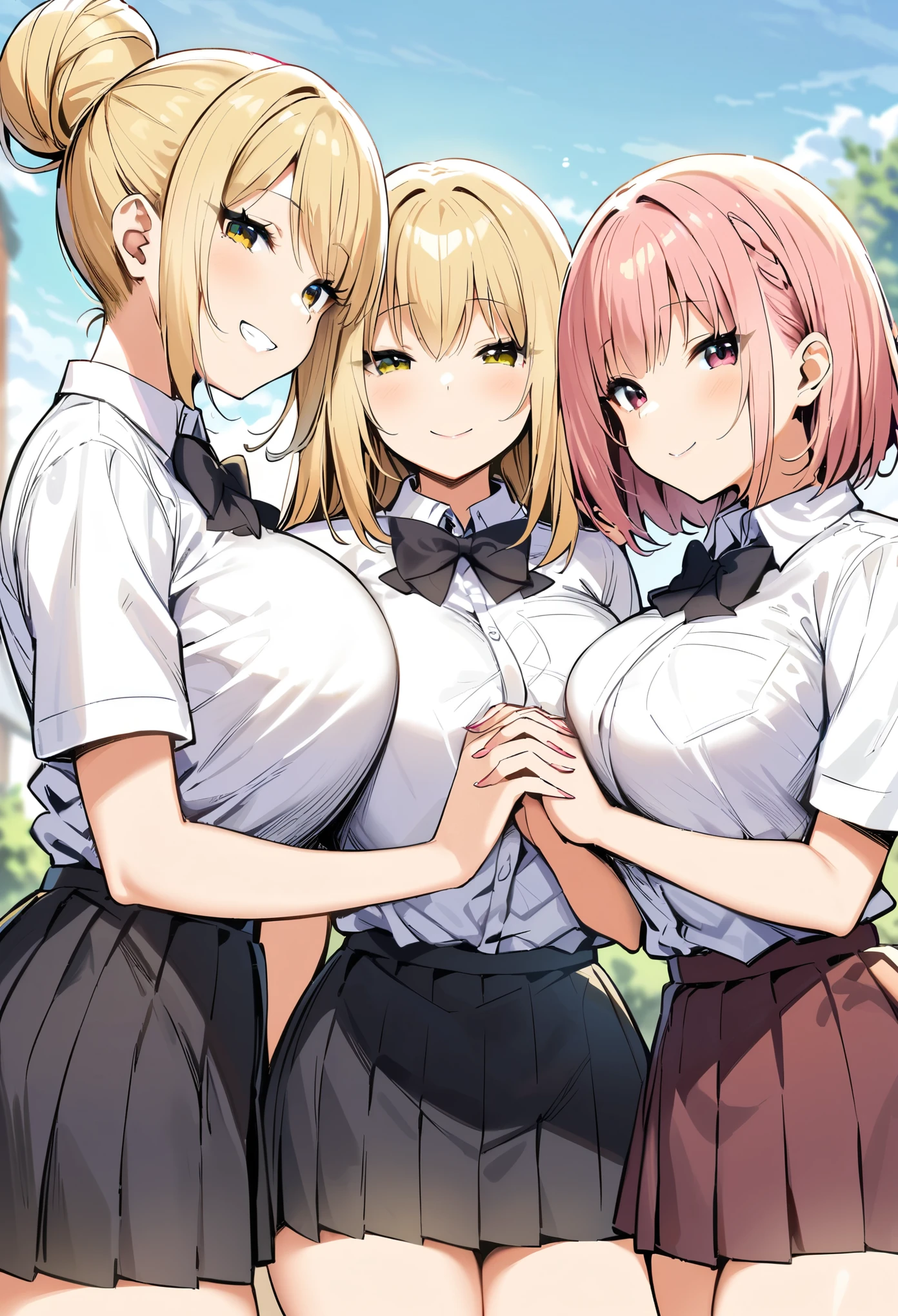 masterpiece, best quality, highres, JK,huge tit,3girls,black bow,black bowtie,blonde hair,bow,bowtie,breasts,hair bun,holding hands,interlocked fingers,long hair,looking at viewer,multiple girls,pink hair,pleated skirt,shirt tucked in,short hair,skirt,smile,tented shirt