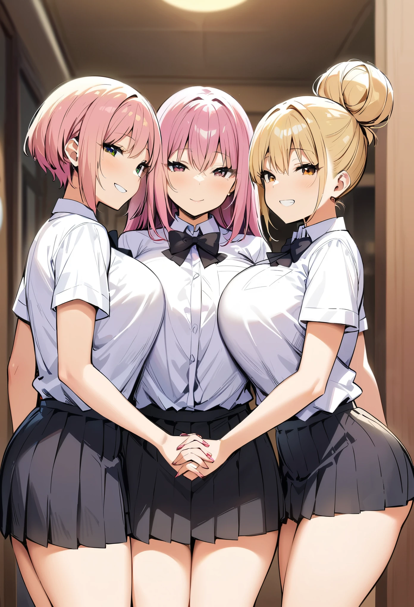 masterpiece, best quality, highres, JK,huge tit,3girls,black bow,black bowtie,blonde hair,bow,bowtie,breasts,hair bun,holding hands,interlocked fingers,long hair,looking at viewer,multiple girls,pink hair,pleated skirt,shirt tucked in,short hair,skirt,smile,tented shirt