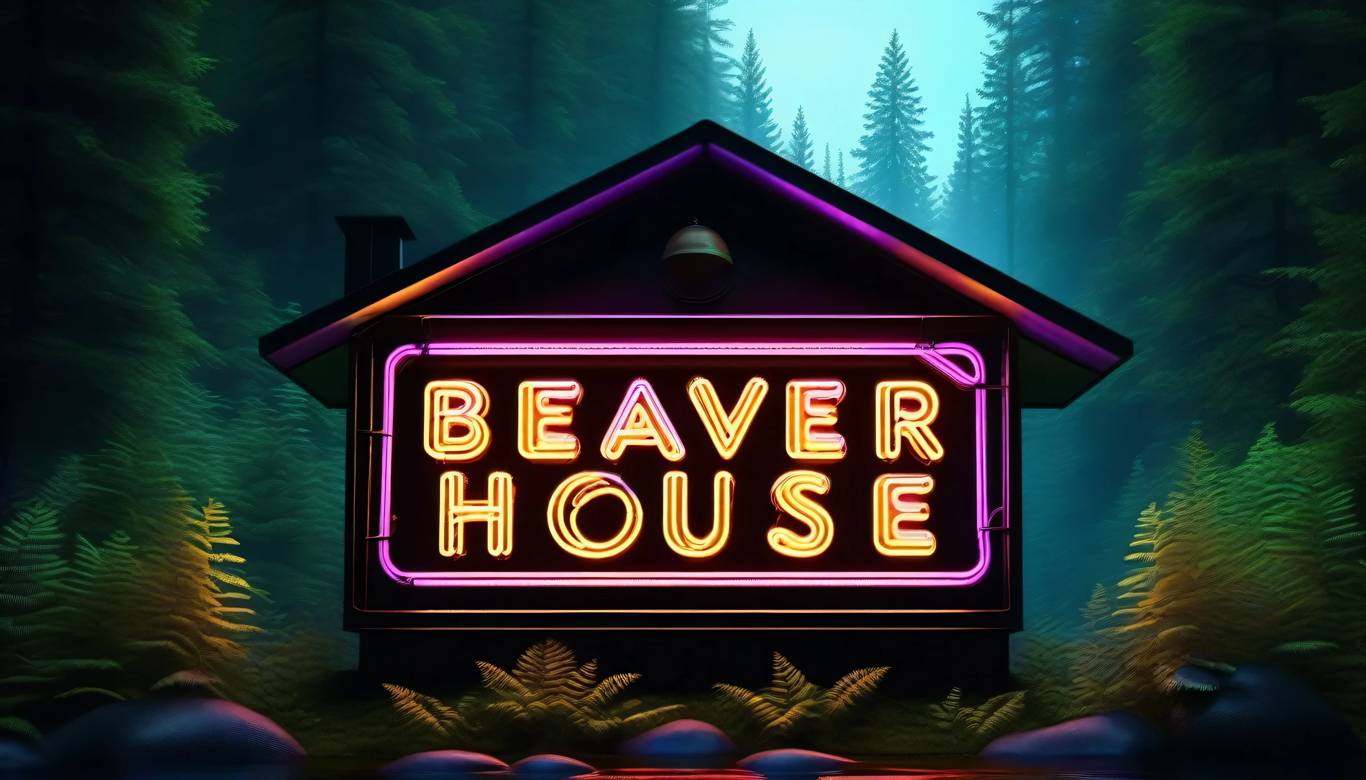 neon sign text "beaver house" with beaver, neon rookery, river cave, Beautiful details shine, natural atmosphere of the forest, Cute fantasy atmosphere, Essence Beautiful radiance Aesthetics, Ultra realistic soft log shadow, intricate details, thin brush artwork, highly detailed brush strokes, Precise details and precise design, high contrast, tonal contrast, Stunning detailed rendering, deep and majestic contrast,