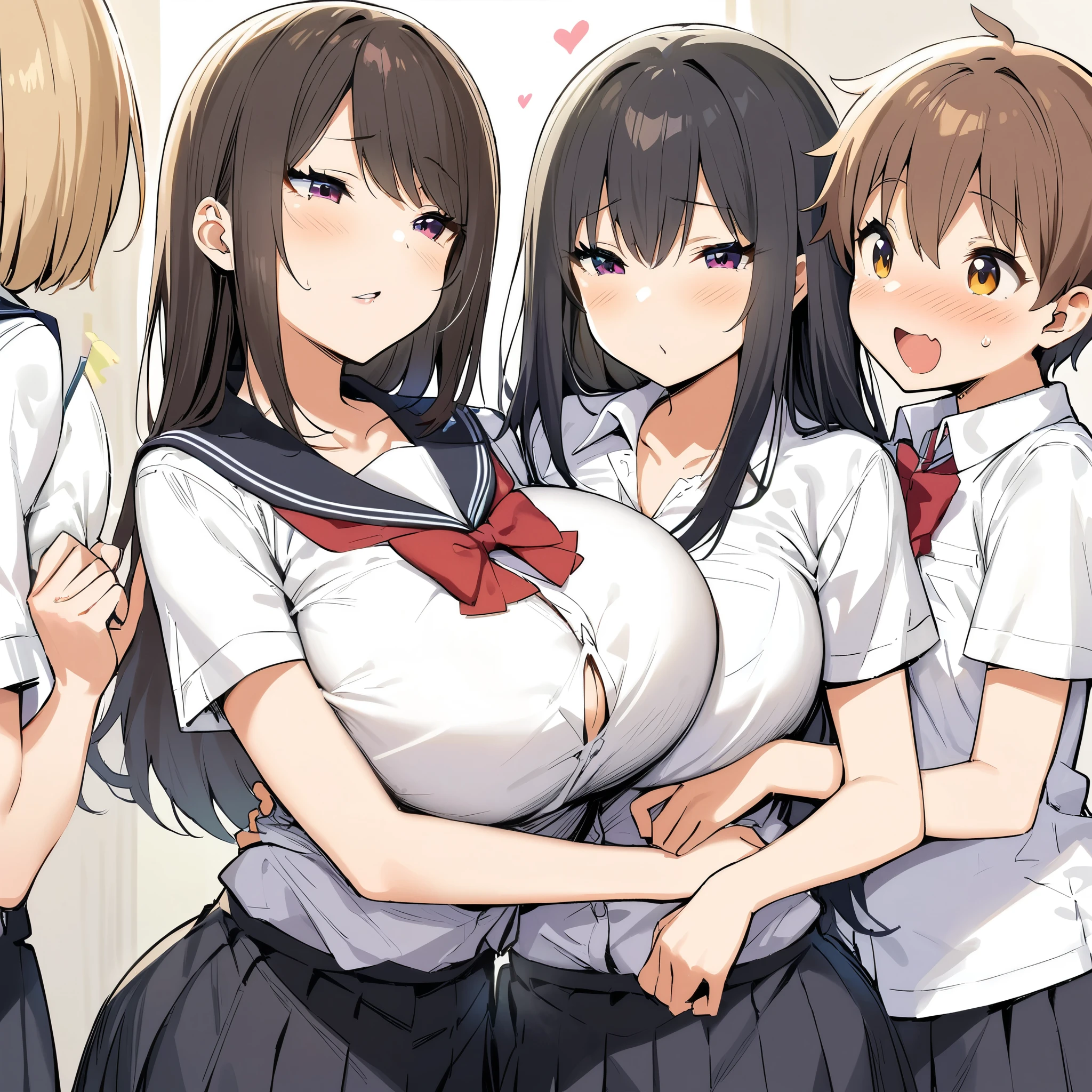 (masterpiece, best quality:1.2), JK,huge tit,age difference,blush,bow,breasts,girl sandwich,long hair,multiple girls,pleated skirt,sandwiched,school uniform,short sleeves,skirt,2girls,1boy,hug,male kid