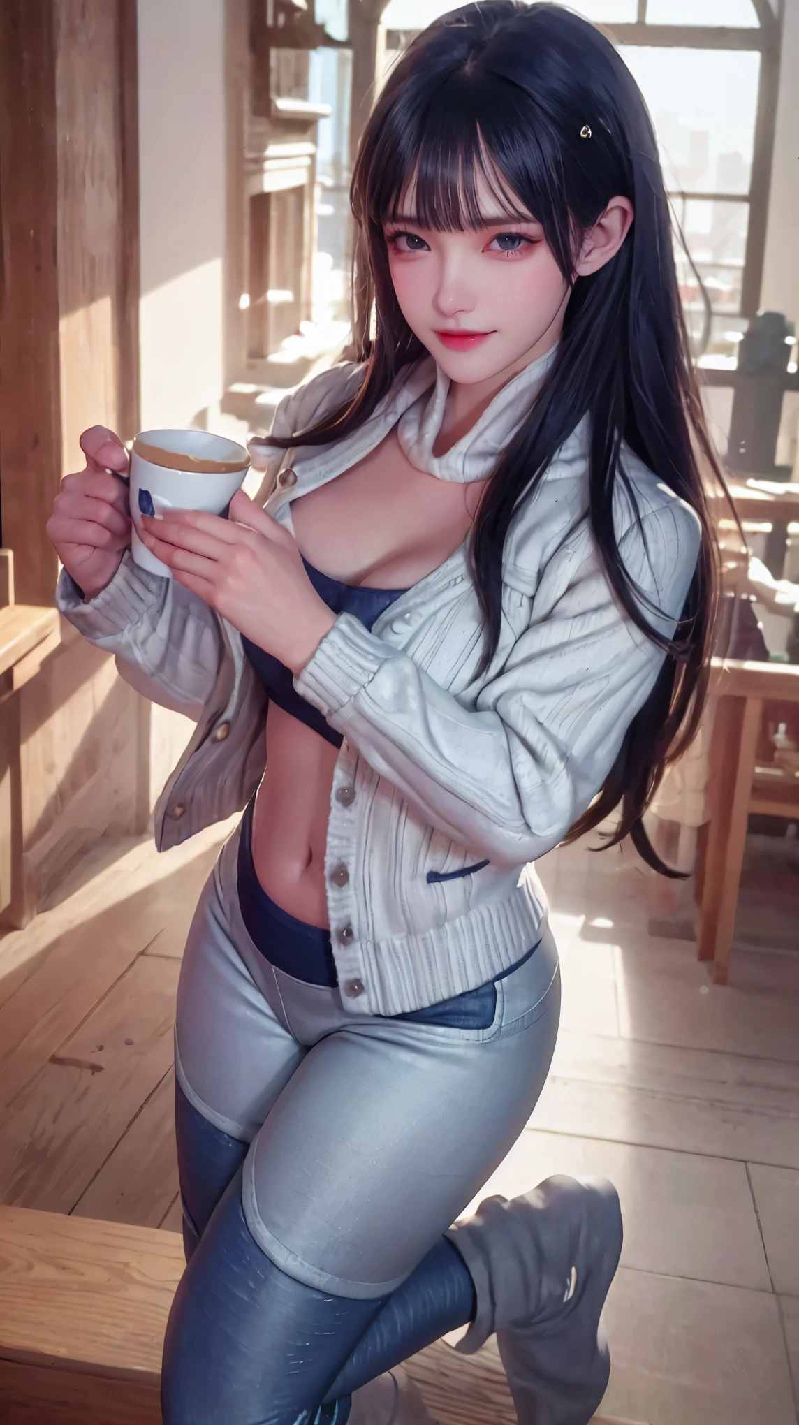 NSFW,Underwear,(masterpiece, best quality:1.4), (modern days), (cowboy shot), 1girl, solo, pov, sfw,
stunning girlfriend, (standing:1.1), dynamic pose, (white oversized sweater, knit sweater:1.4), (tight yoga pants, dark grey yoga pants:1.4), (short navy blue jacket, denim jacket:1.4), long blonde hair, swept bangs, heart shaped face, elegant face, beautiful face, highly detailed face, highly detailed skin, skin pores, subsurface scattering, (detailed blue eyes), realistic pupils, large breast, loving smile, looking at viewer, full face blush, full lips, holding a single coffee cup, centered,
coffee shop in background, city street, sunny day, wind, detailed background, depth of field, atmospheric perspective, volumetric lighting, sharp focus,
absurdres, realistic proportions, good anatomy, (realistic, hyperrealistic:1.4), 16k hdr,
