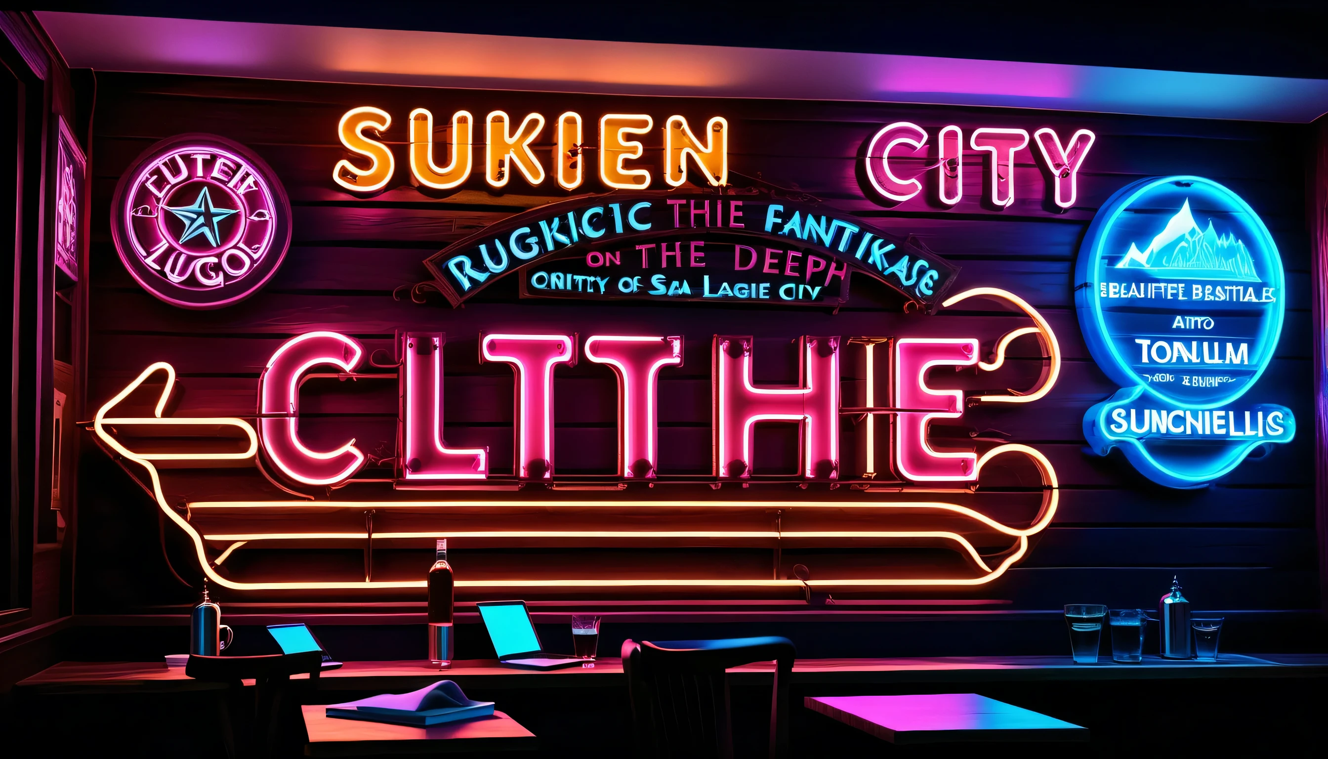sunken city neon sign, Dim pub text around beautiful cherry blossom glow, The sunken futuristic city is submerged in the deep sea, Beautiful details shine, Spectacular atmosphere of the deep sea, Magnificent azure rune glow fantasy atmosphere text, Essence Beautiful radiance Aesthetics, Ultra realistic soft log shadow, intricate details, thin brush artwork, highly detailed brush strokes, Precise details and precise design, high contrast, tonal contrast, Stunning detailed rendering, deep and majestic contrast,