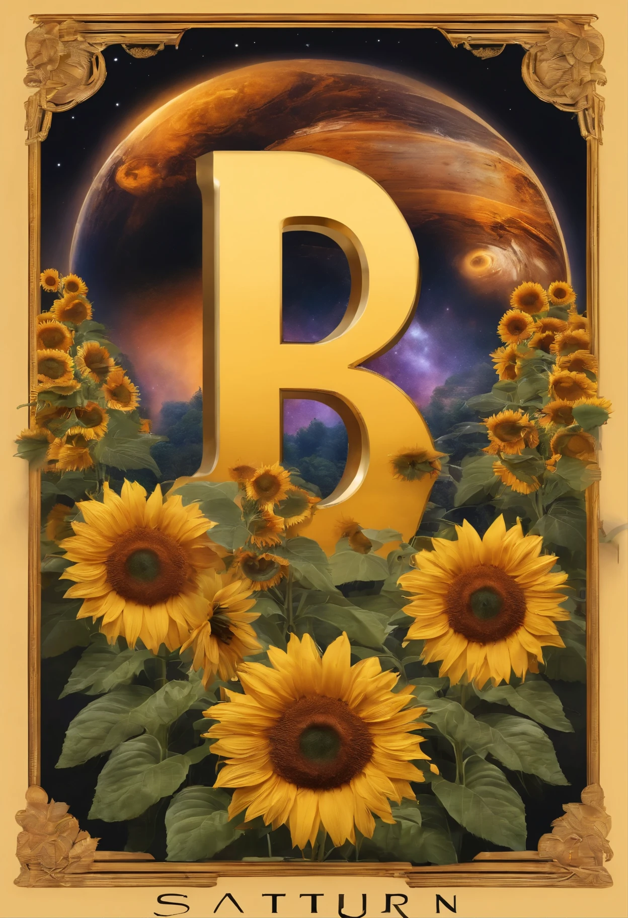 Saturn 🪐 a letter R in the middle decorated with beautiful sunflowers