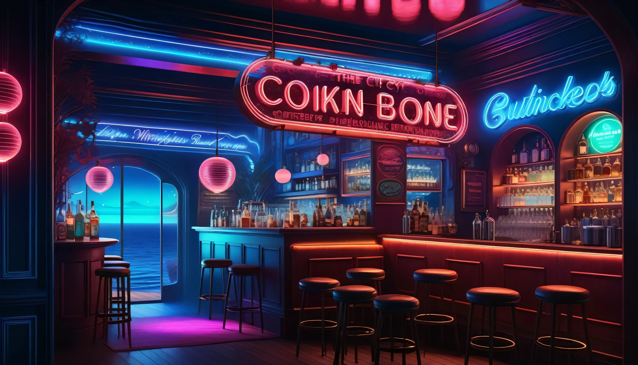 sunken city neon sign, Dim pub text around beautiful cherry blossom glow, The sunken futuristic city is submerged in the deep sea, Beautiful details shine, Spectacular atmosphere of the deep sea, Magnificent azure rune glow fantasy atmosphere text, Essence Beautiful radiance Aesthetics, Ultra realistic soft log shadow, intricate details, thin brush artwork, highly detailed brush strokes, Precise details and precise design, high contrast, tonal contrast, Stunning detailed rendering, deep and majestic contrast,