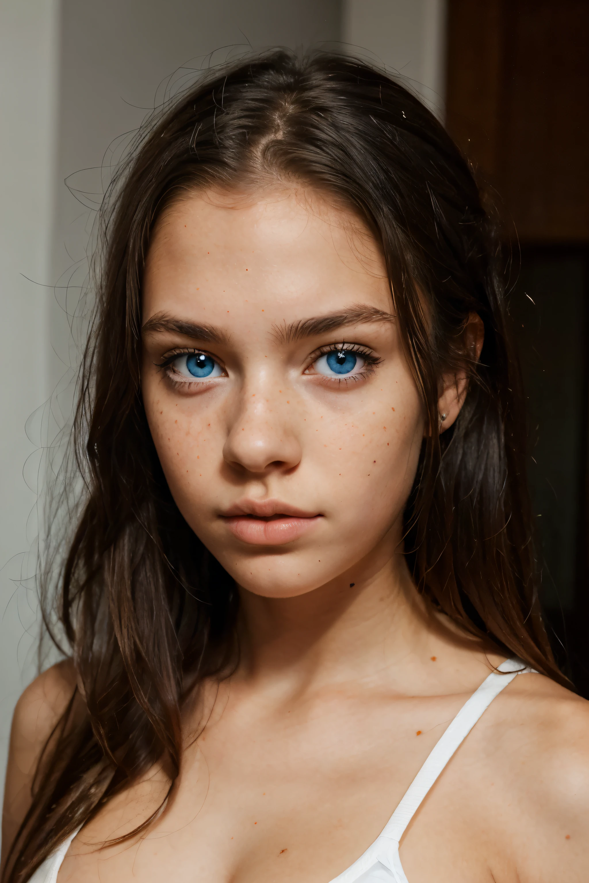 young girl, half black half Scandinavian, more darker skin than white, very large bright blue eyes, freckles, cute and sexy, pouty lips, hyperrealistic