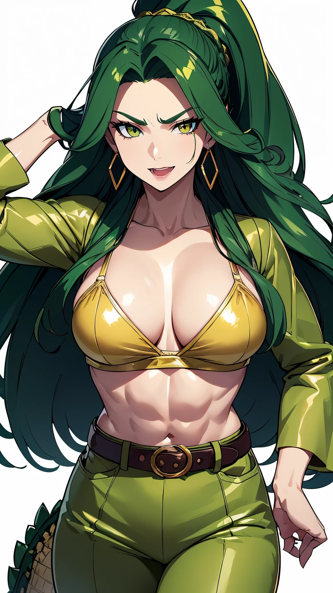 ((8K resolution))、((highest quality))、((masterpiece))、((Super detailed))((((dramatic))), (anatomically correct)、Depth of object being written、look at the camera、one person、one personの女性、front、white skin、Thin but muscular body, defined abs, toned arms, long and thin legs, Athletic Presence,(hair color:dark green and gold gradation、hairstyle:left braid, right long wave)、earrings、舌earrings、jagged teeth、(Show sharp fangs)、yellow eyes、half closed eyes / Bad mood 、tattoo、(theme、whole body:1.1), crocodile skinのジャケット、crocodile skinのズボン、gold buckle belt、yellow bra、crocodile skin、crocodile tail、white background
