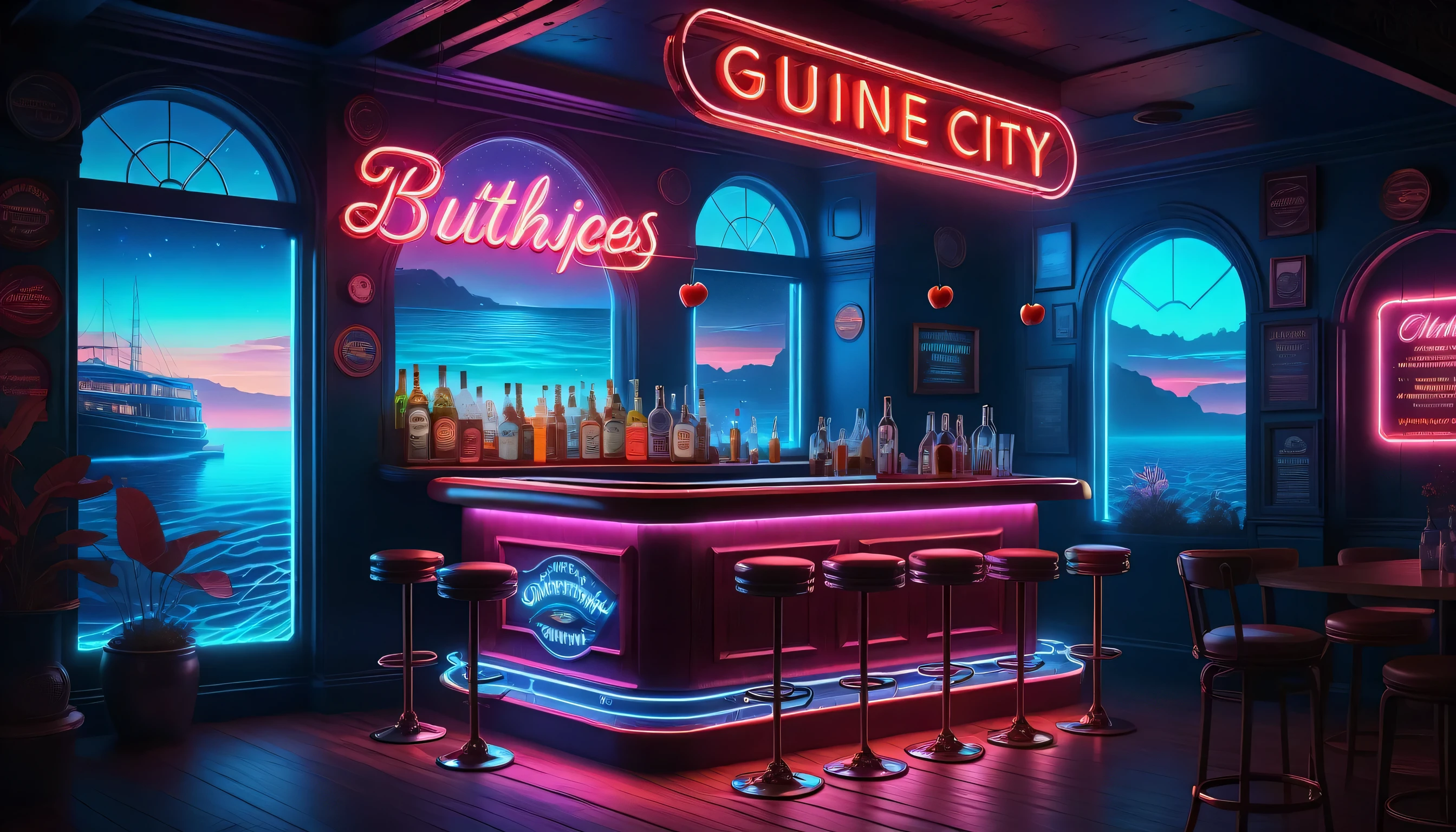 sunken city neon sign, Dim pub text around beautiful cherry blossom glow, The sunken futuristic city is submerged in the deep sea, Beautiful details shine, Spectacular atmosphere of the deep sea, Magnificent azure rune glow fantasy atmosphere text, Essence Beautiful radiance Aesthetics, Ultra realistic soft log shadow, intricate details, thin brush artwork, highly detailed brush strokes, Precise details and precise design, high contrast, tonal contrast, Stunning detailed rendering, deep and majestic contrast,