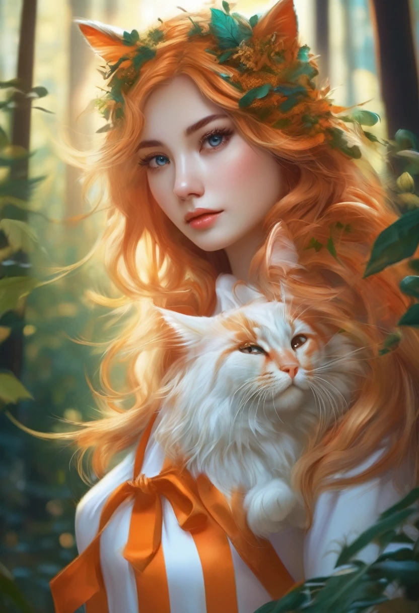 the face is a cat,orange and white stripes,Her clothes look like a beautiful girl from the sleepless forest.,Walking in the forest,eyes are blue,graceful way of walking,Illuminations in the forest，Live-action,