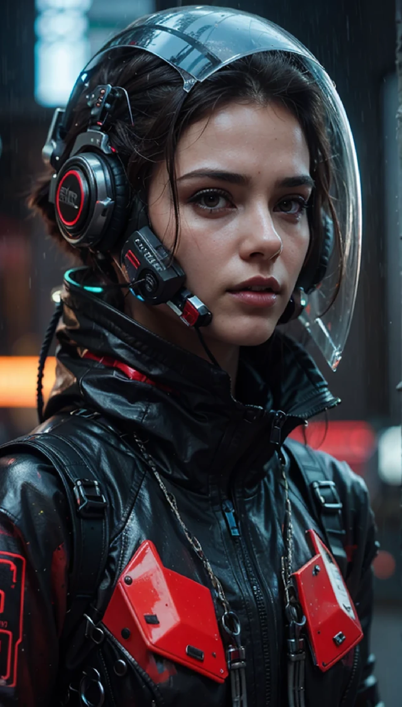 un primer plano de una persona que lleva un casco y una chaqueta impermeable, Cyberpunk hermosa chica, cyberpunk 2 0 years. o Chica modelo, Hermosa cara de chica cyberpunk, Retrato Hermosa Sci - FI Girl, cyberpunk dreamy girl, El retrato de la chica cyberpunk, Hermosa modelo de mujer cyberpunk, estilo cyberpunk hiperrealista, Neofuturista ciberpunk, wojtek fus, estilo cyberpunk , Hiperrealista