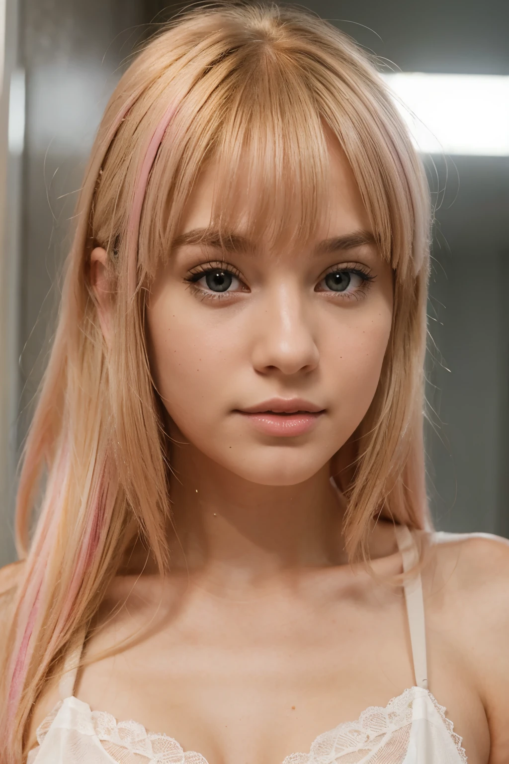 beautiful young woman, blonde hair with pink highlights and bangs, angelic face, little nymph, caucasian