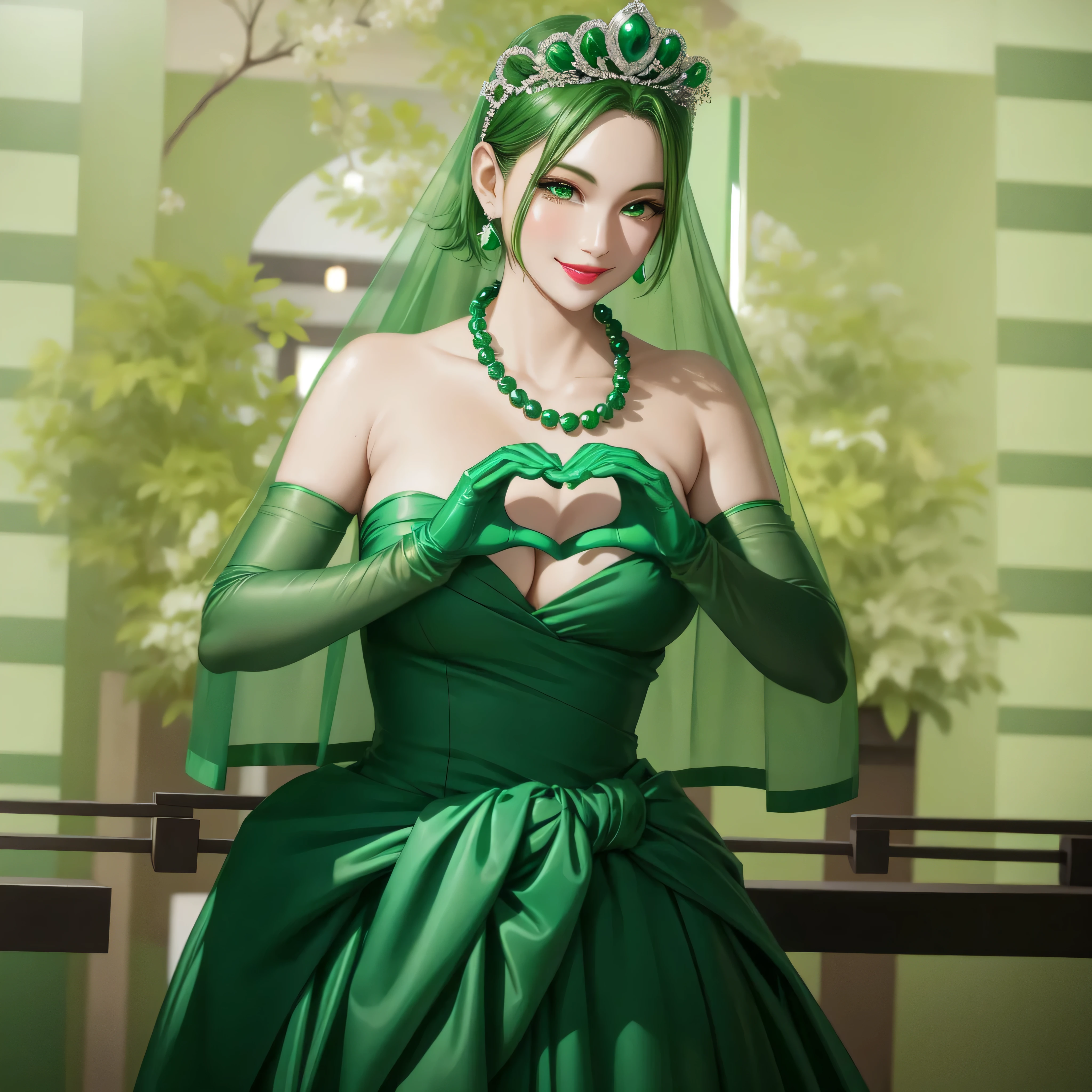 emerald tiara, green pearl necklace, ボーイッシュな非常に短いgreen hair, green lips, smiling Japanese woman, very short hair, Beautiful woman with big breasts, green eyes, green satin long gloves, green eyes, emerald earrings, green veil, Heart with both hands, green hair, beautiful japanese woman, heart shaped hands:1.3, green lip gloss