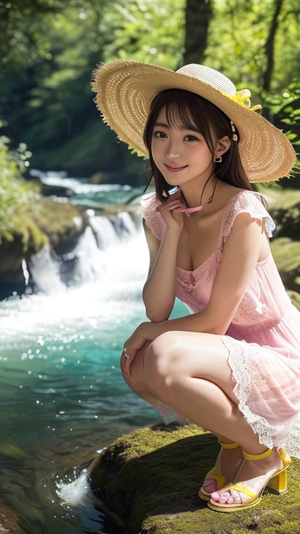 (((1))),((Photoactual))), ((AKB 48)), (Full body image))), (lens flare))),((backlight)), (in the woods))((A clear stream deep in the dark mountains)),((rock in the background)),((Straw hat with ribbon)),((Smile)),((Nikon Z)),(19 years old))),(medium bust)))), ((((Yellow lace transparent dress)))), ((((Pore feeling)))), ((Skin feel)))), (((Photo realism: 6, actual))))), (((Sideways and turned postures)),perfect breast shape, Bare buttocks, Side Mao Insult, ribbon, hair accessories, pale skin, looking at the audience, small waist((((1))),((Photoactual))), ((AKB 48)), (Full body image))), (lens flare))),((backlight)), (in the woods))((A clear stream deep in the dark mountains)),((rock in the background)),((Straw hat with ribbon)),((Smile)),((Nikon Z)),(19 years old))),(Small bust)))), ((((Pink lace sheer dress)))), ((((Pore feeling)))), ((Skin feel)))), (((Photo realism: 6, actual))))), (((Sideways and turned postures)),perfect breast shape, bare chest,Bare buttocks, Side Mao Insult, ribbon, hair accessories, pale skin, looking at the audience, small waist, High-heeled sandals